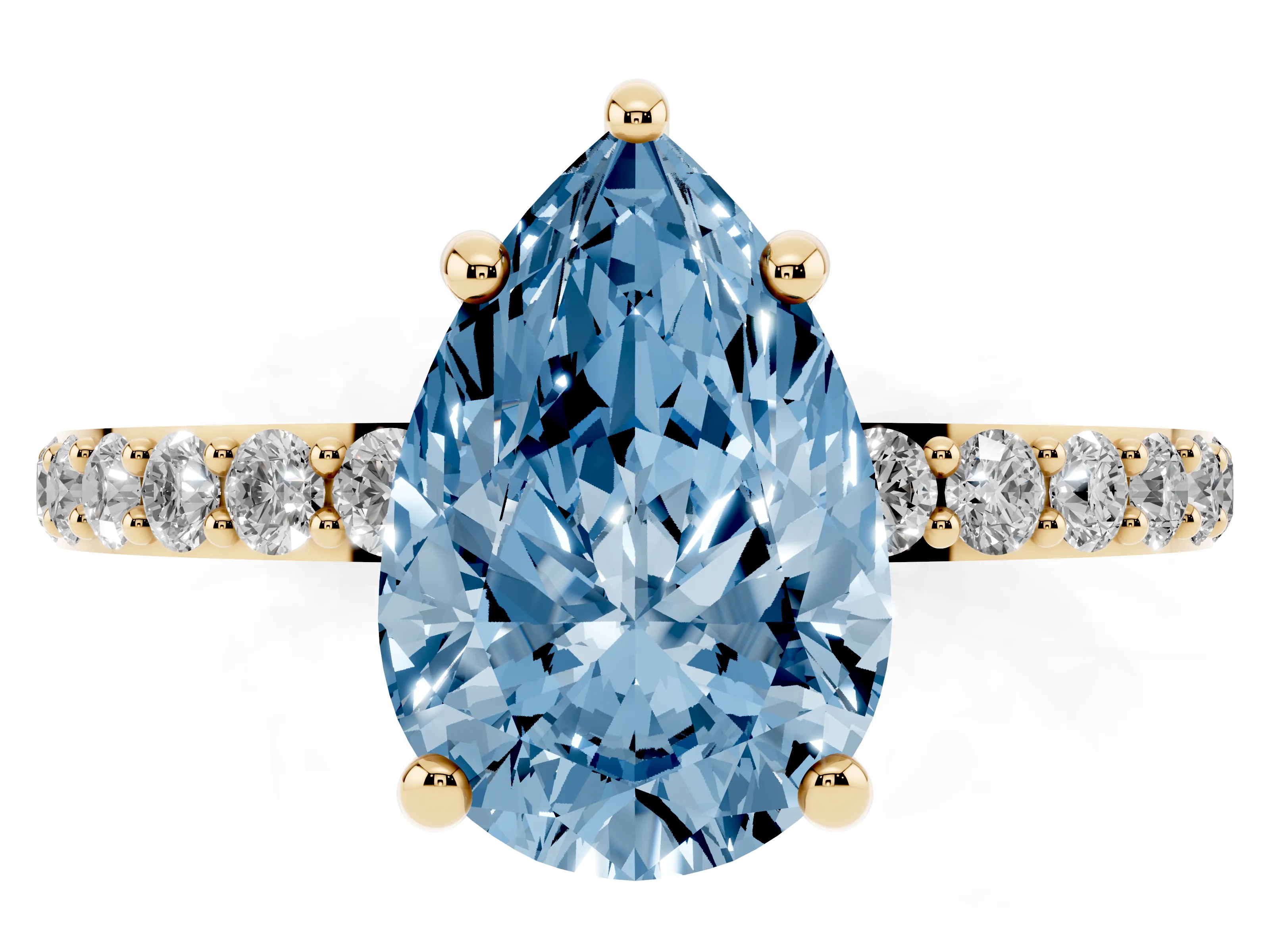 Fancy Blue Pear Cut Diamond Solitaire Ring Set in Yellow gold with Round Pavé Band and Prong Setting