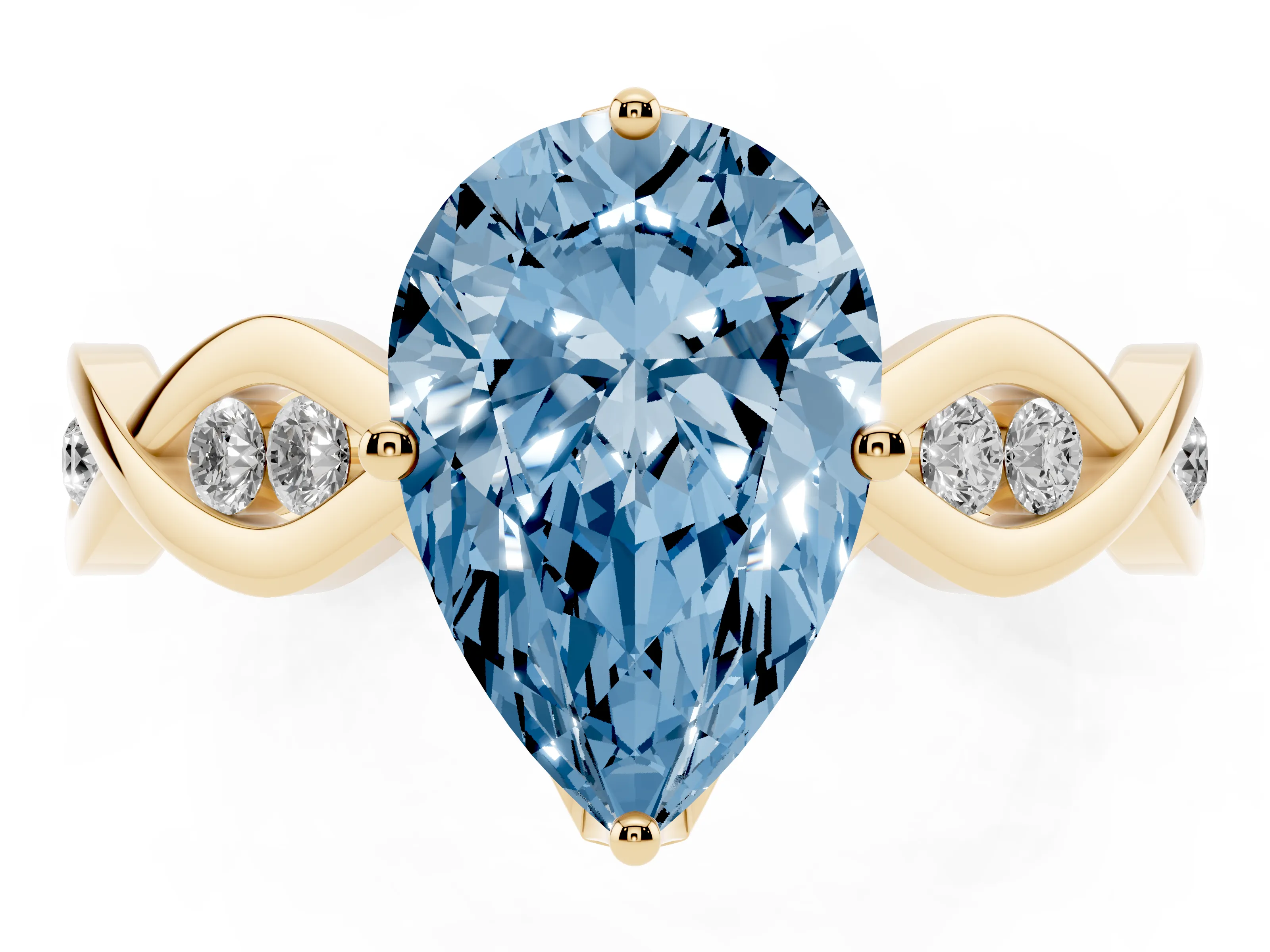 Fancy Blue Pear Cut Diamond Twist Band Solitaire Ring Set in Yellow gold with Leaf Prong Setting and Accent Stones