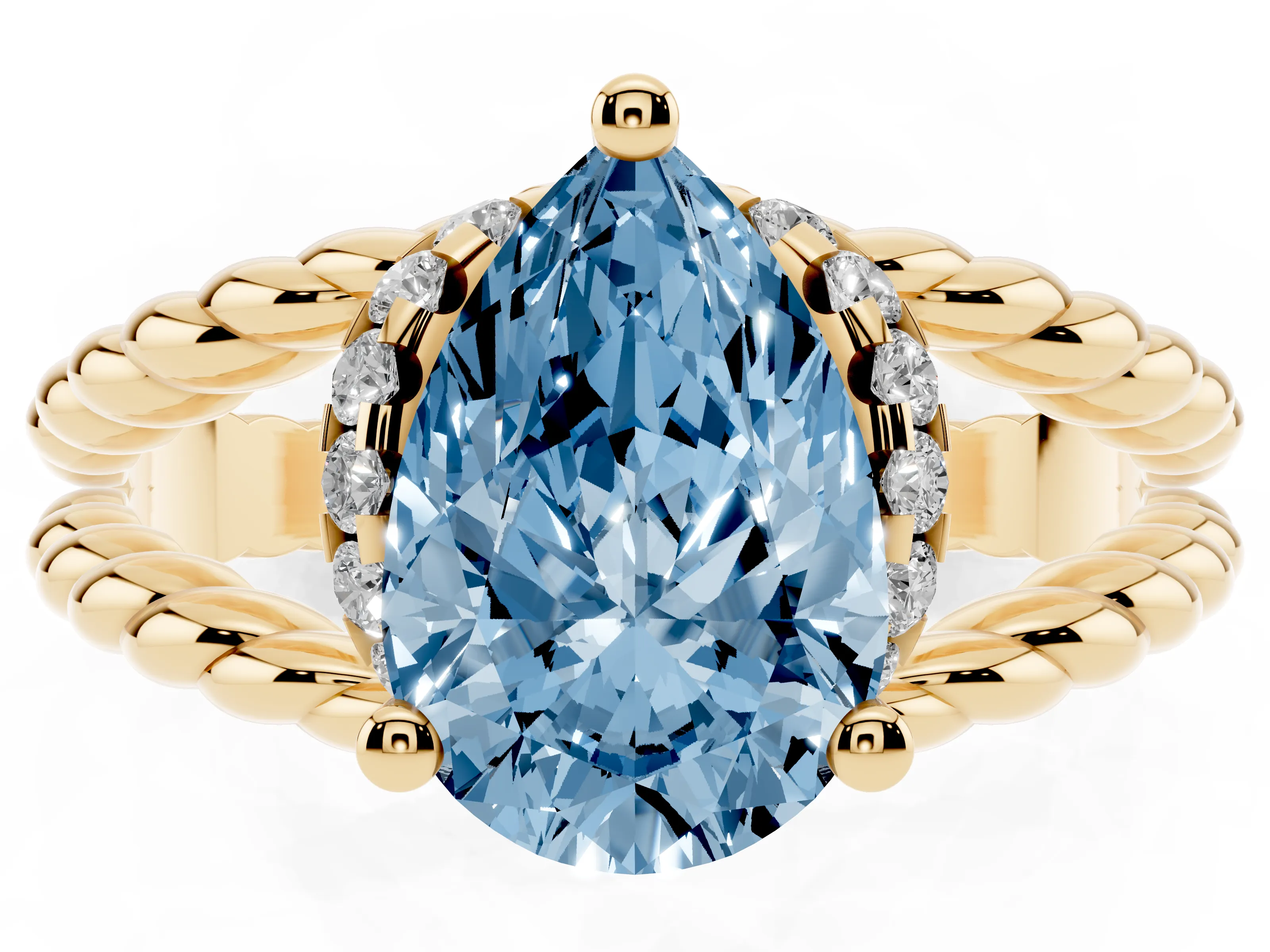 Fancy Blue Pear Cut Diamond Halo Ring Set in Yellow gold with Twisted Band and Prong Setting