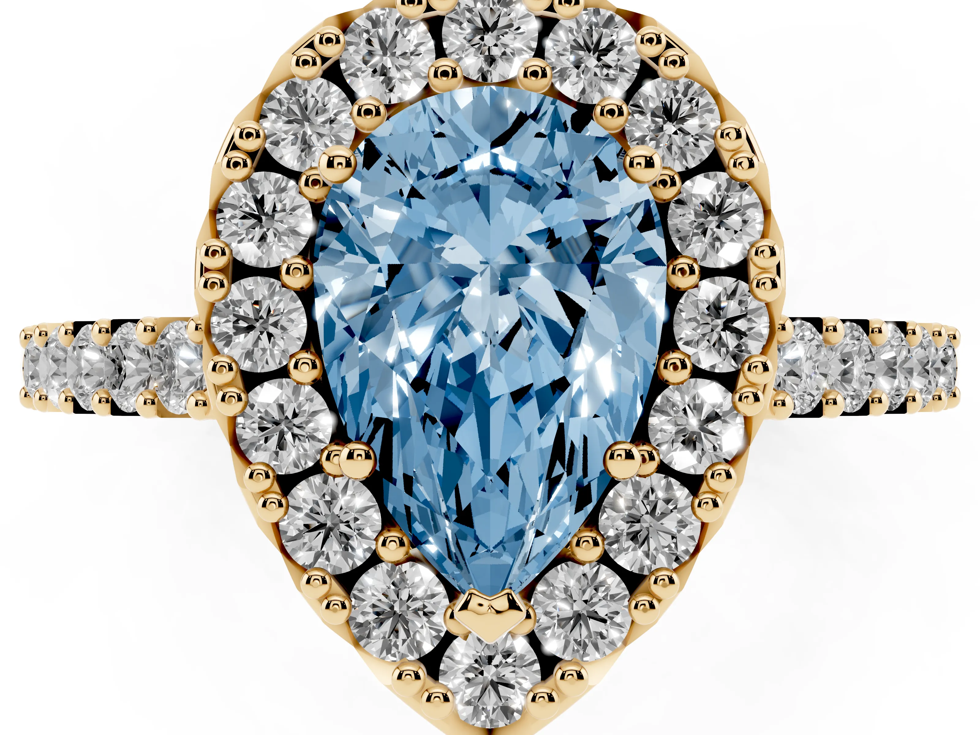 Fancy Blue Pear Cut Diamond Halo Pavé Solitaire Ring Set in Yellow gold with Prong-Set Center Stone