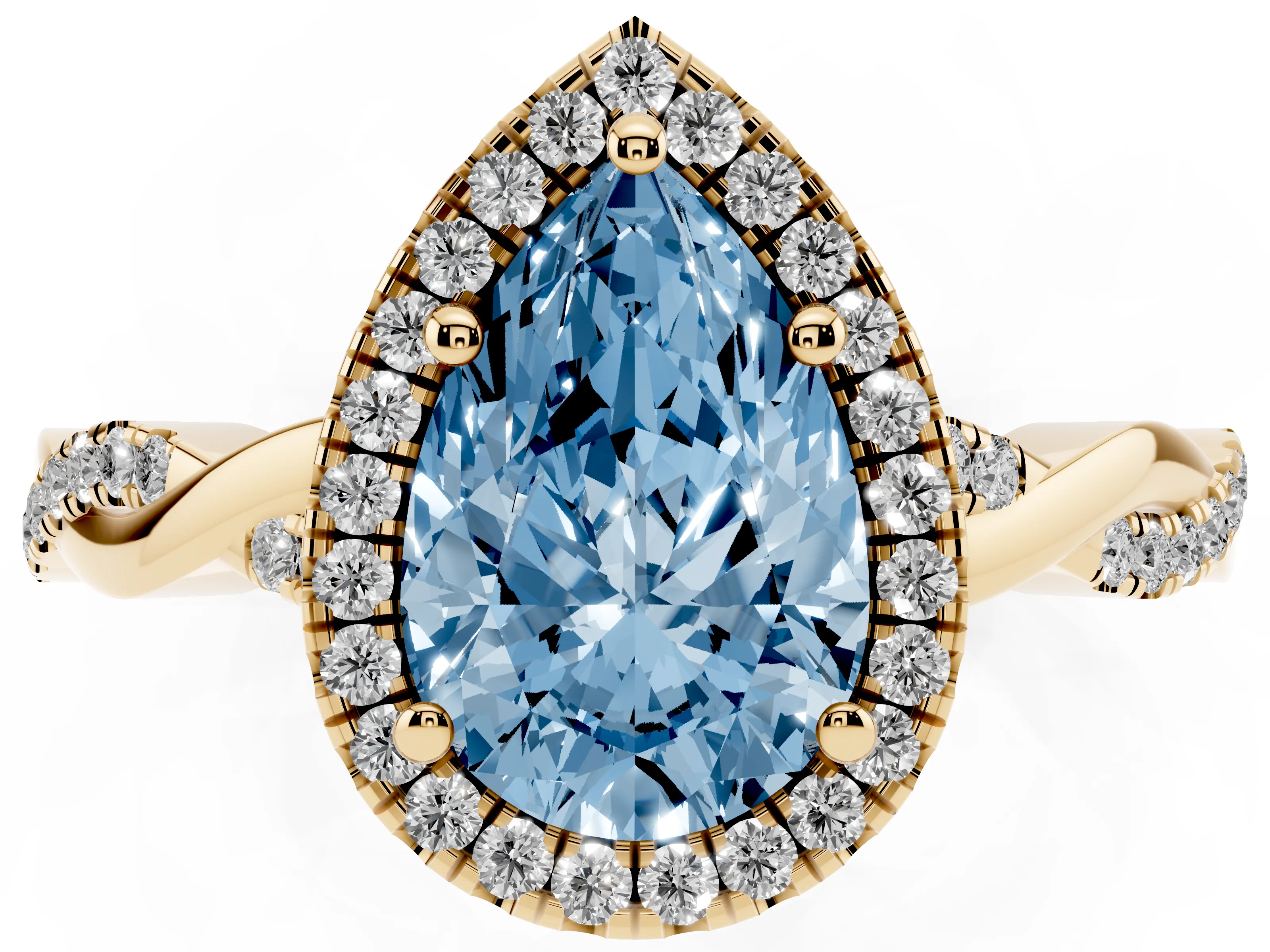 Fancy Blue Pear Cut Diamond Halo Twisted Band Ring Set in Yellow gold with Prong Setting