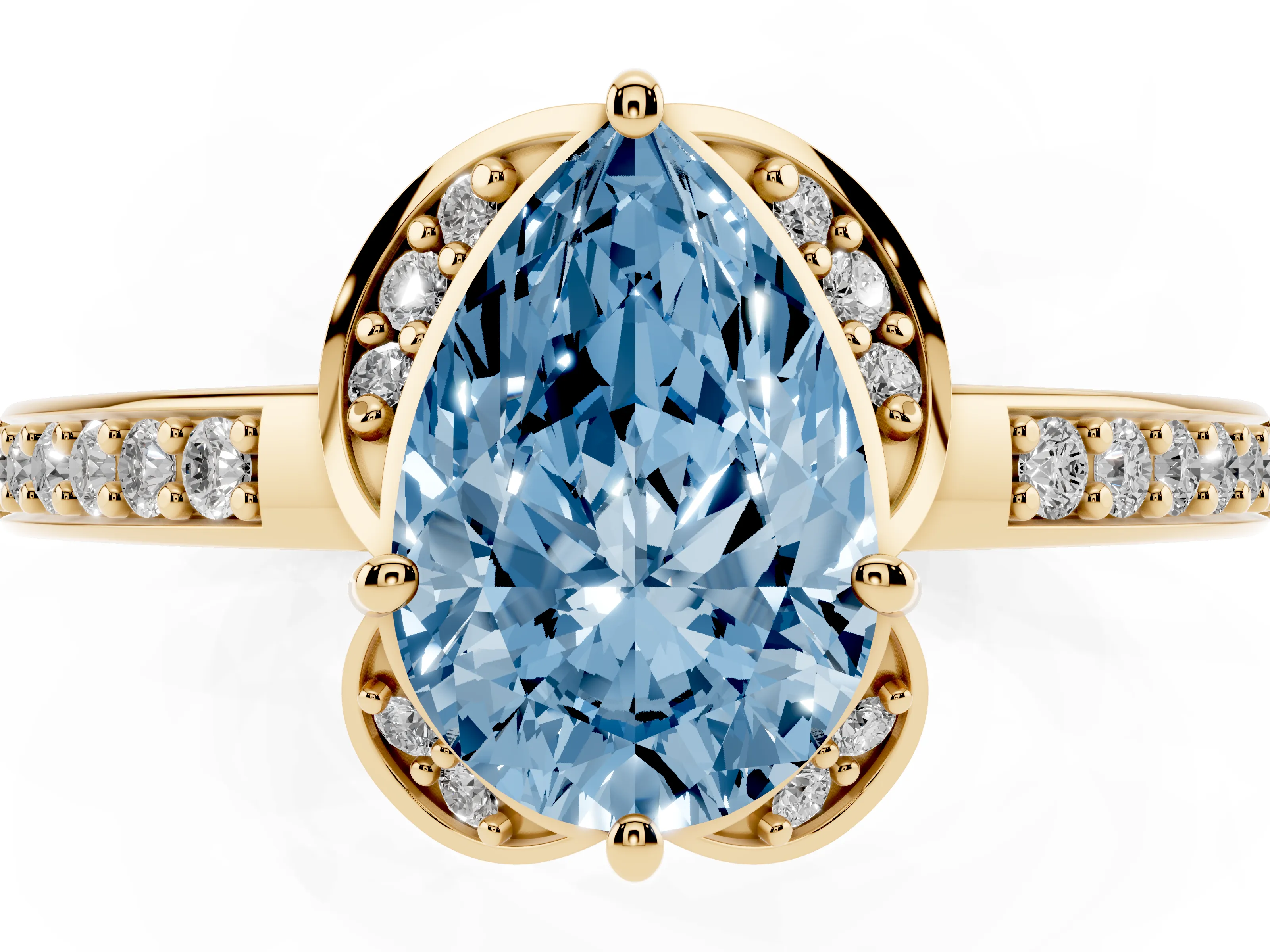 Fancy Blue Pear Cut Diamond Halo Ring Set in Yellow gold with Channel Set Band and Prong Setting