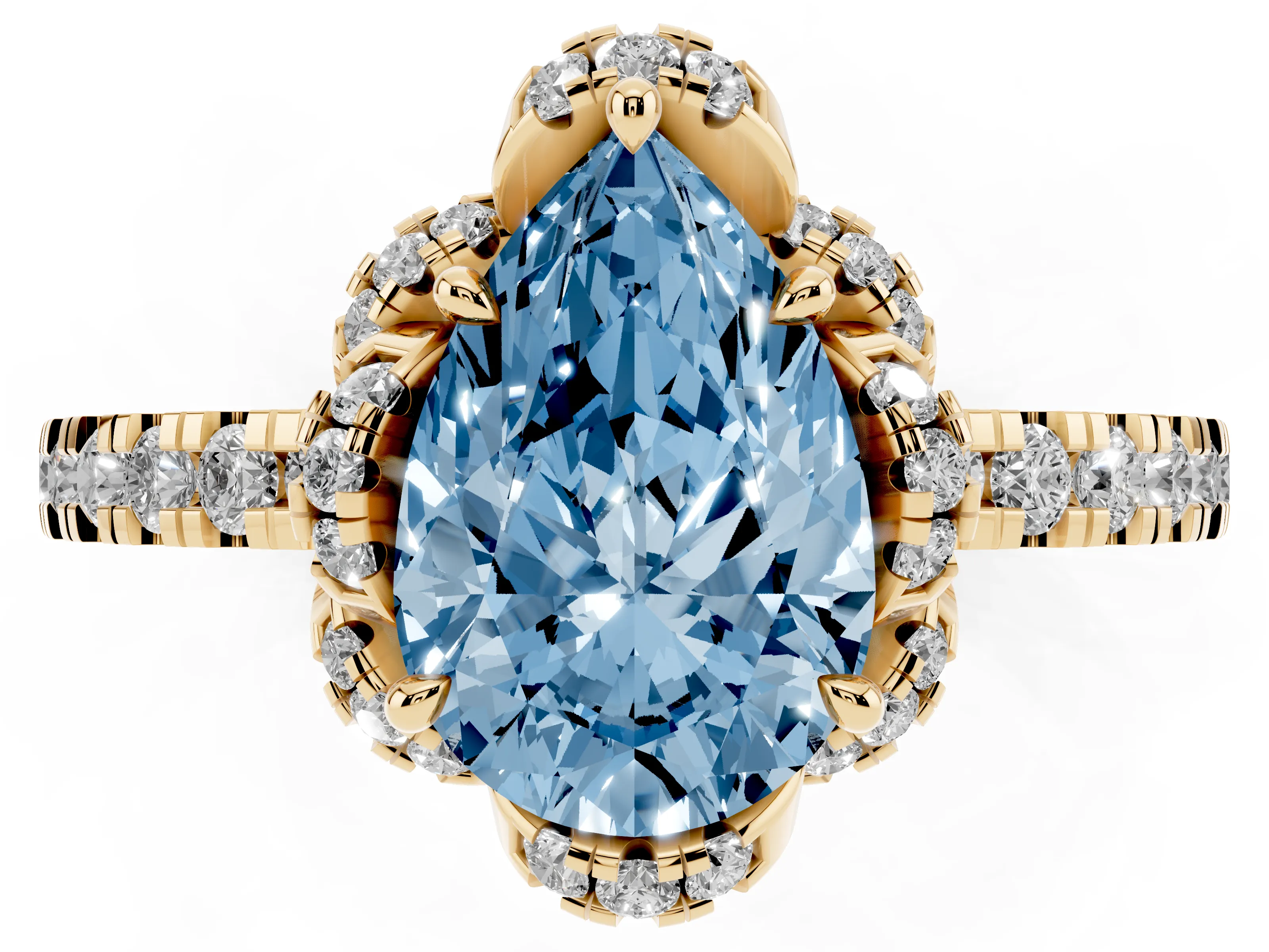 Fancy Blue Pear Cut Diamond Halo Pavé Band Ring Set in Yellow gold with Prong-Held Center
