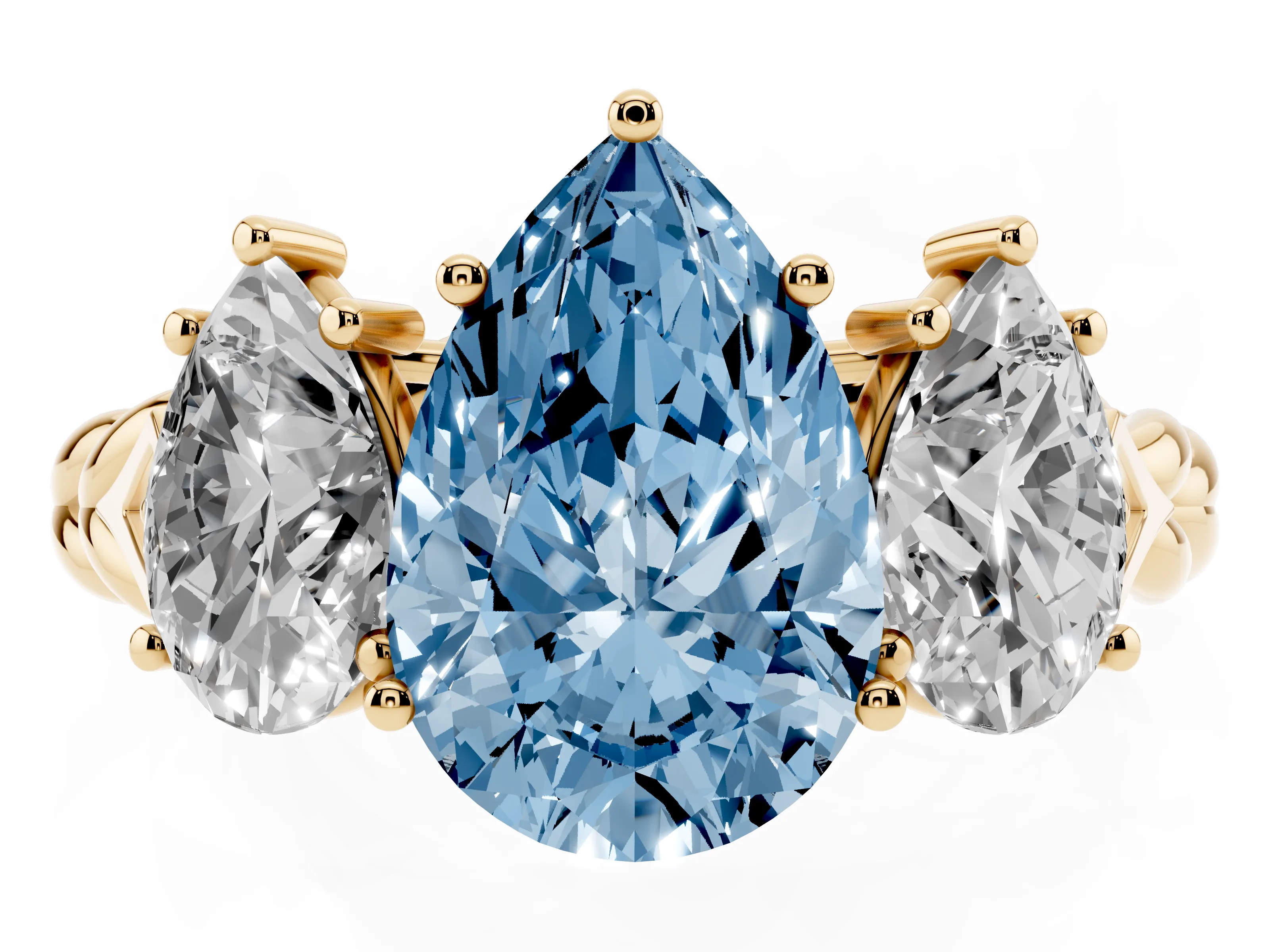 Fancy Blue Pear Cut Diamond Three-Stone Ring Set in Yellow gold with Braided Band