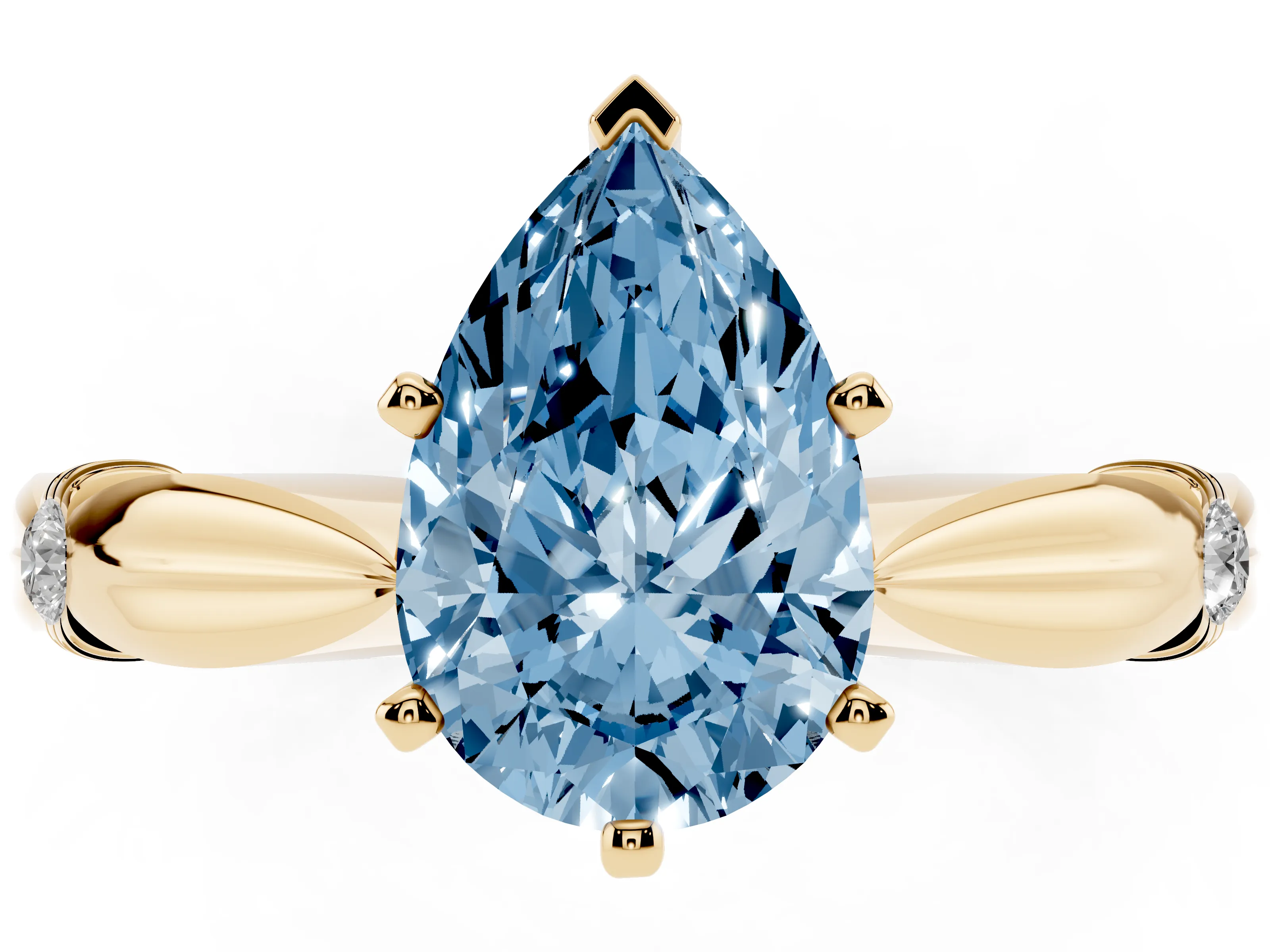 Fancy Blue Pear Cut Diamond Solitaire Twisted Band Ring Set in Yellow gold with Accent Stones and Prong Setting