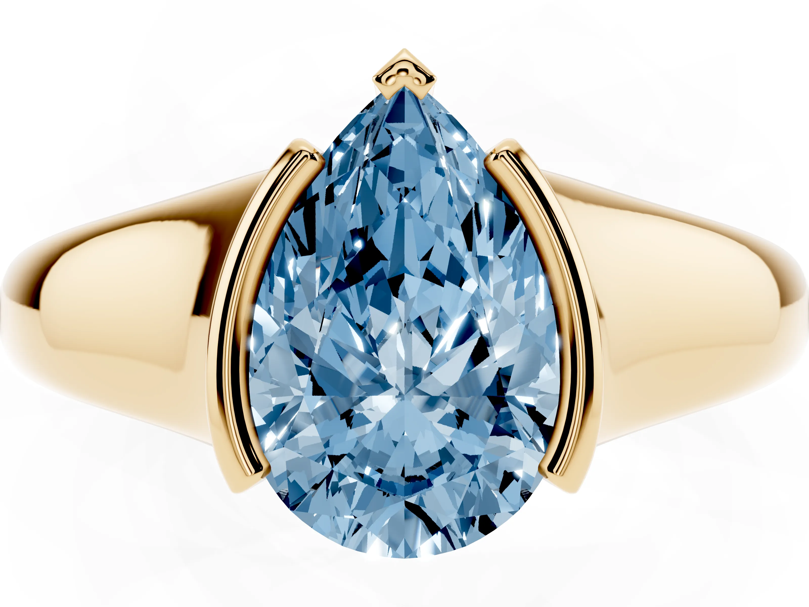 Fancy Blue Pear Cut Diamond Solitaire Tension Set Ring Set in Yellow gold with Split Shank Band