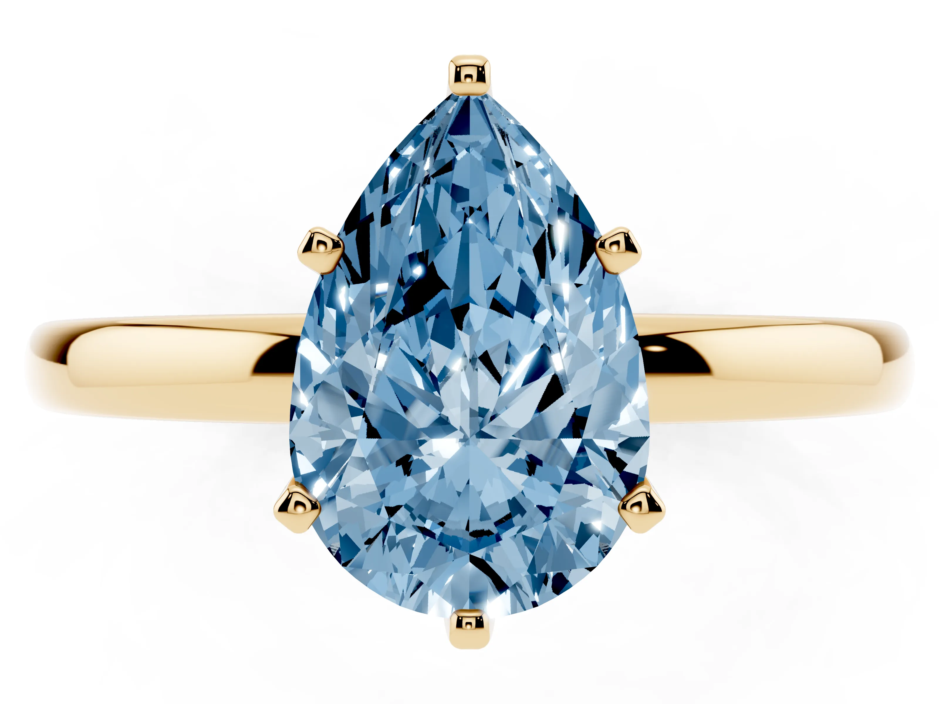 Fancy Blue Pear Cut Diamond Solitaire Ring Set in Yellow gold with Raised Prong Setting on a Classic Band