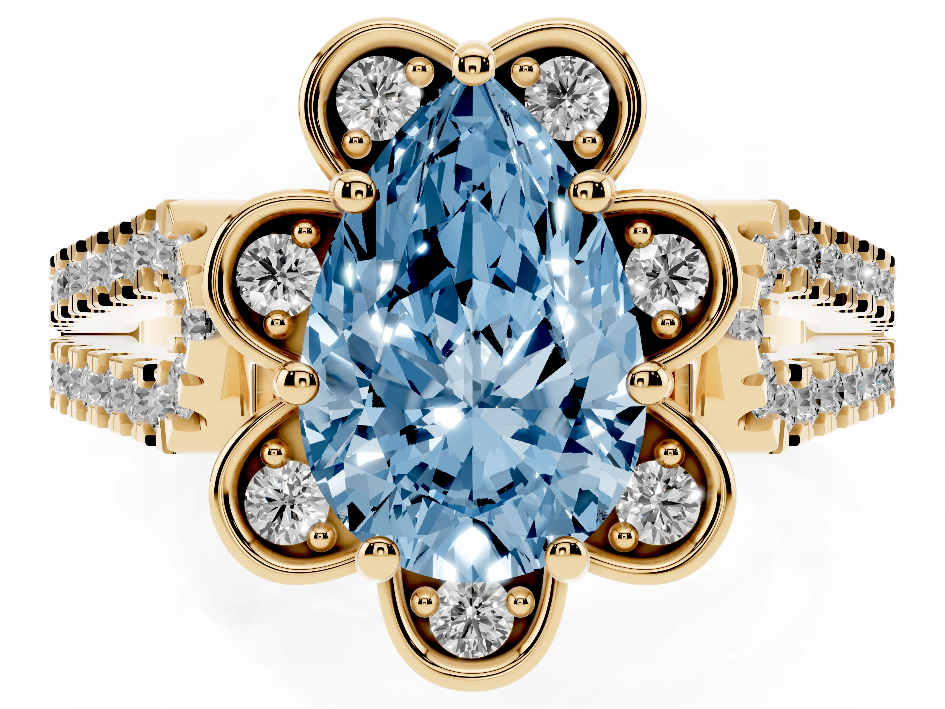 Fancy Blue Pear Cut Diamond Floral Halo Split Shank Engagement Ring Set in Yellow gold with Pavé Shank