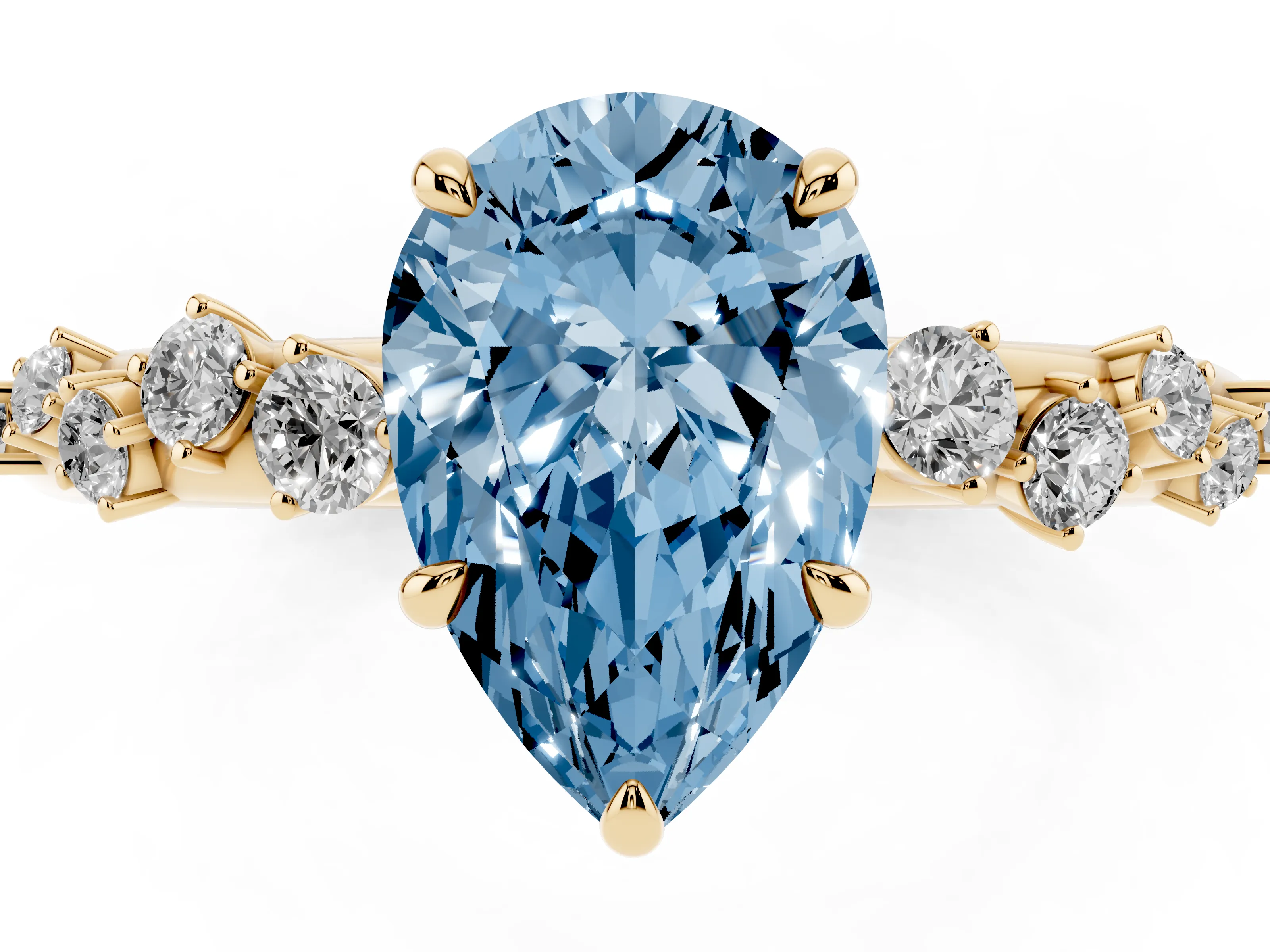 Fancy Blue Pear Cut Diamond Cluster Solitaire Ring Set in Yellow gold with Prong Setting