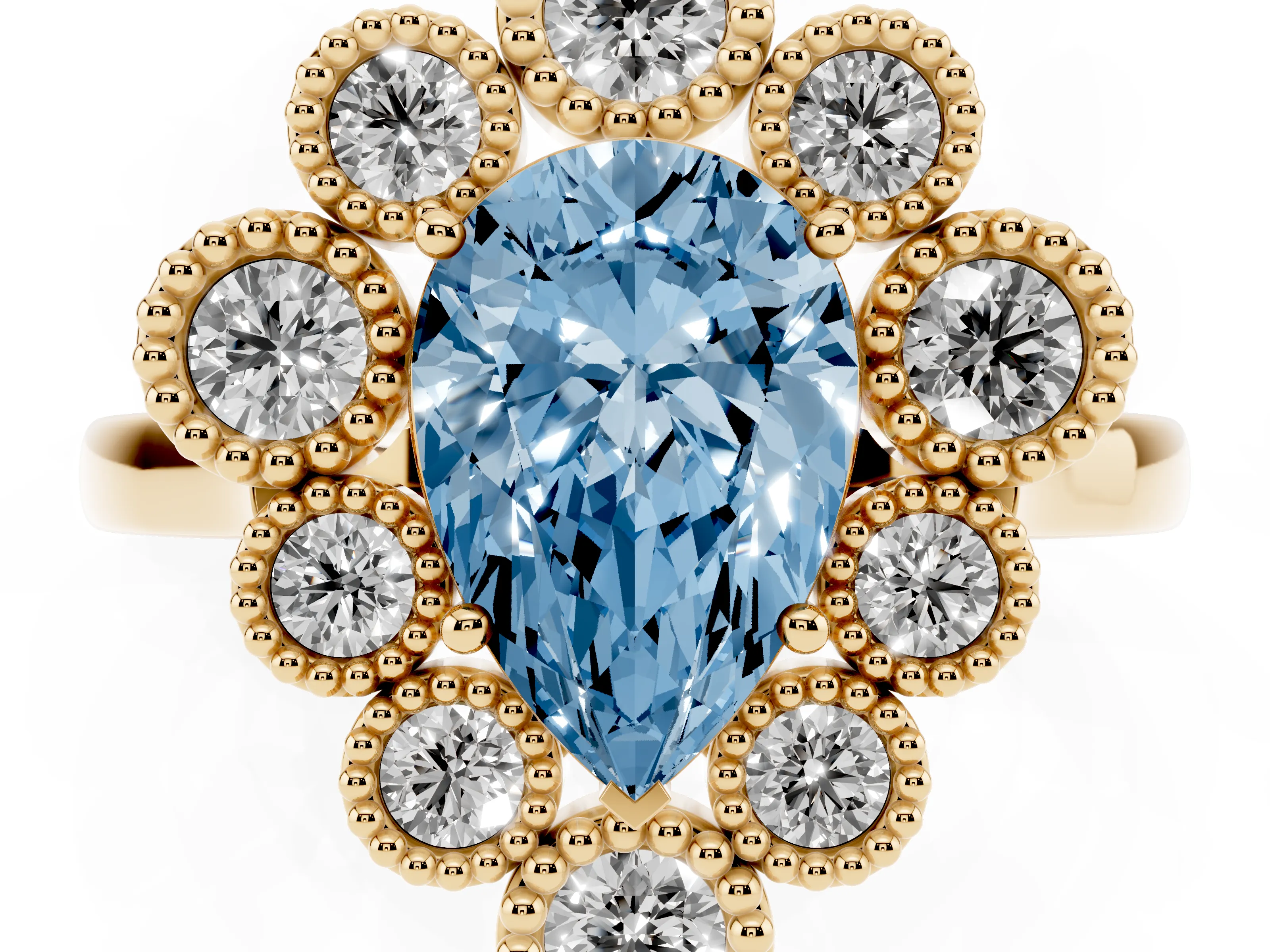Fancy Blue Pear Cut Diamond Cluster Halo Ring Set in Yellow gold with Milgrain Bezel Accents and Plain Band