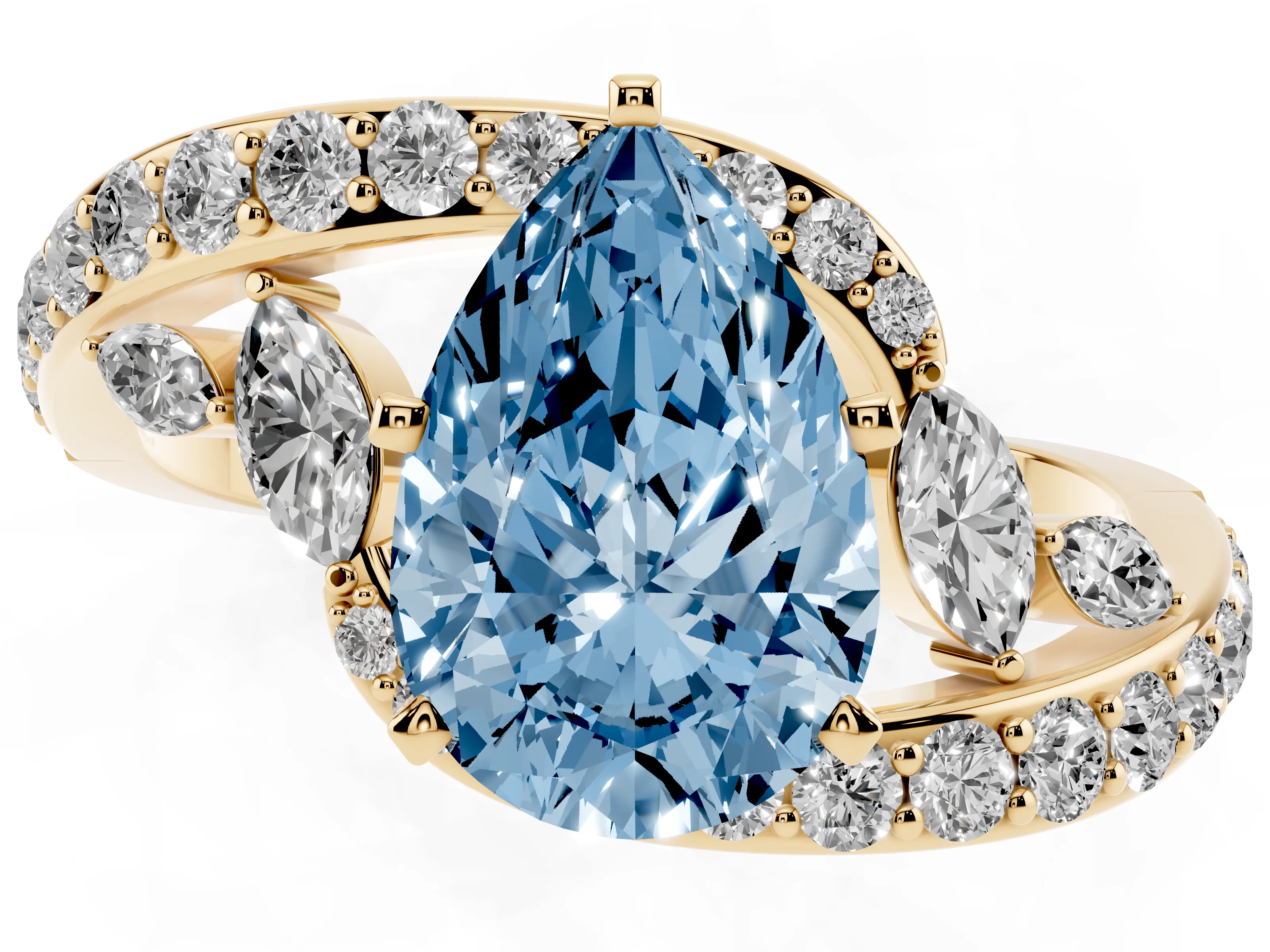 Fancy Blue Pear Cut Diamond Solitaire Ring Set in Yellow gold with Pavé Twist Band and Secure Prong Setting