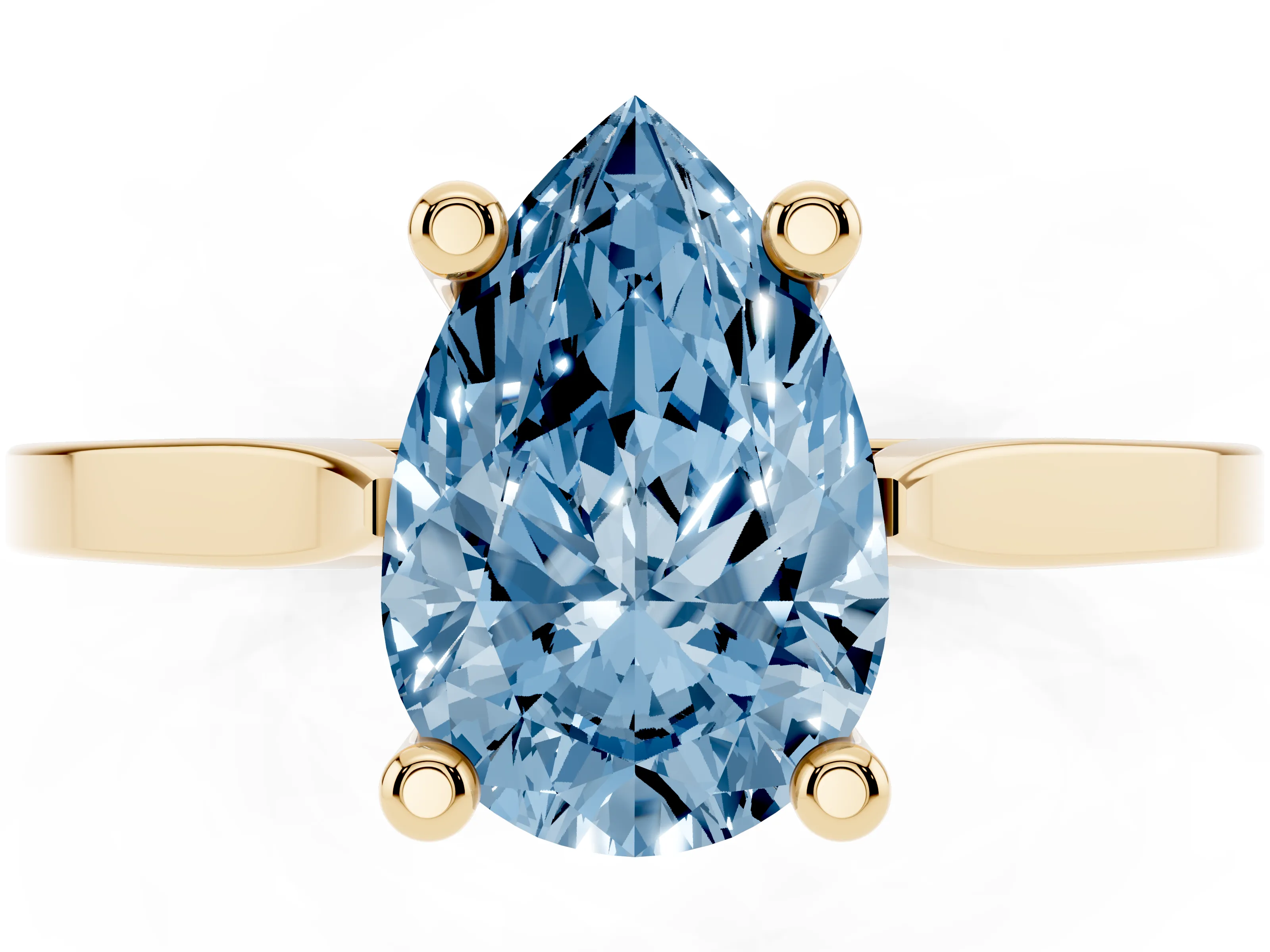 Fancy Blue Pear Cut Diamond Solitaire Ring Set in Yellow gold with Prong Setting and Tapered Band