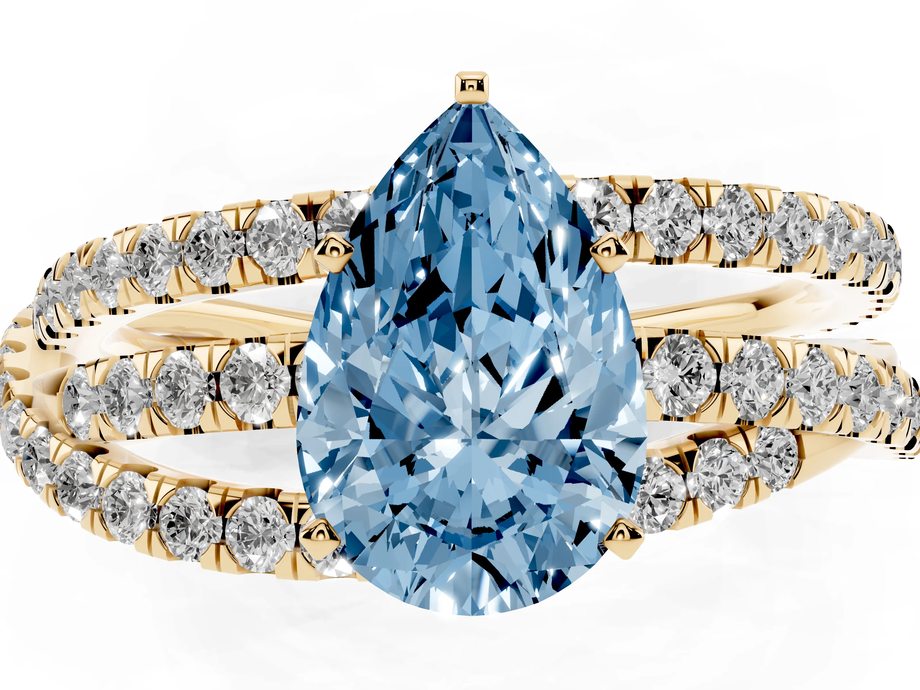 Fancy Blue Pear Cut Diamond Solitaire Twist Band Ring Set in Yellow gold with Pavé Setting and Prong Head