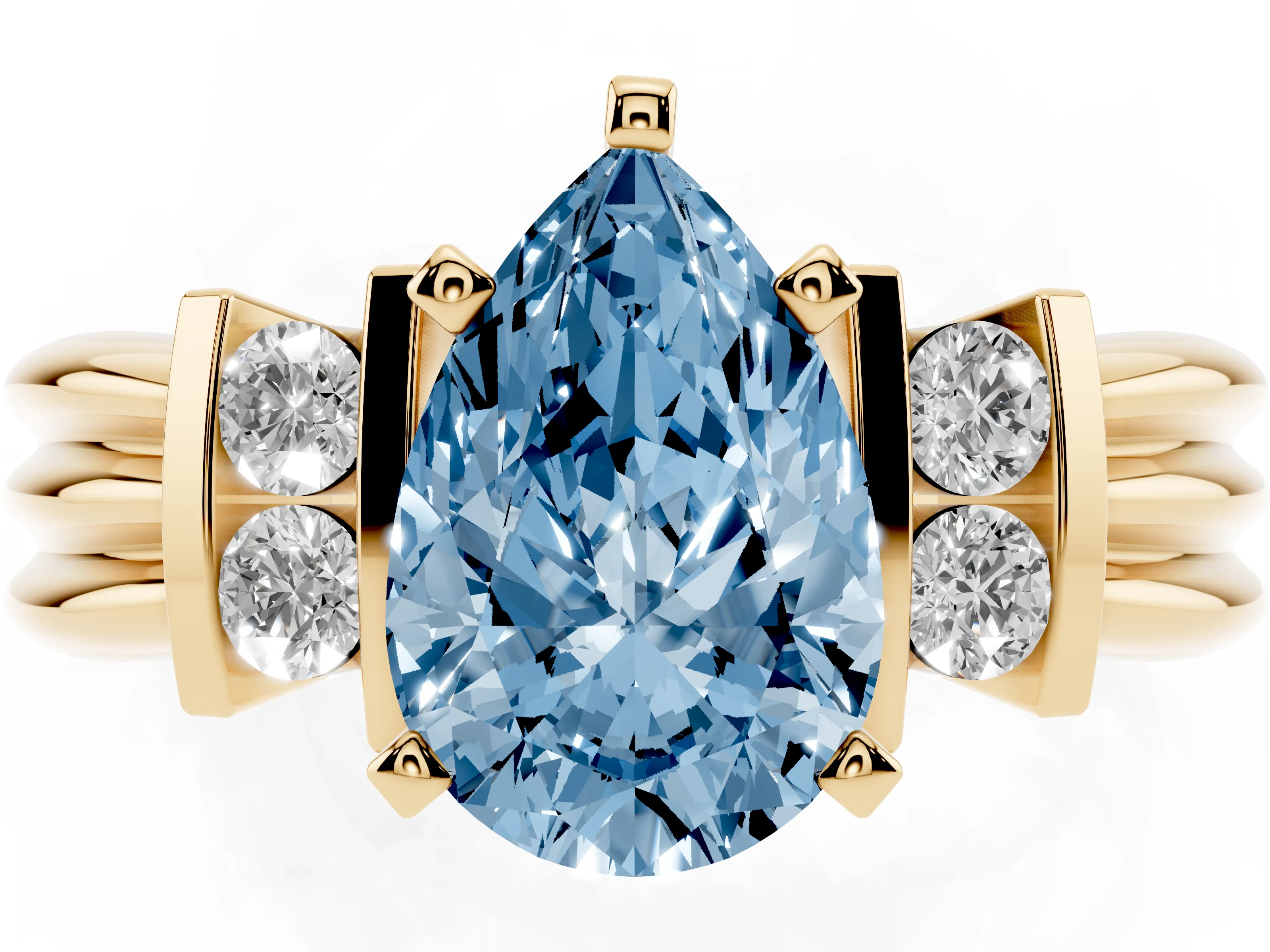 Fancy Blue Three-Stone Pear Cut Diamond Channel Set Ring Set in Yellow gold with Bar Prongs