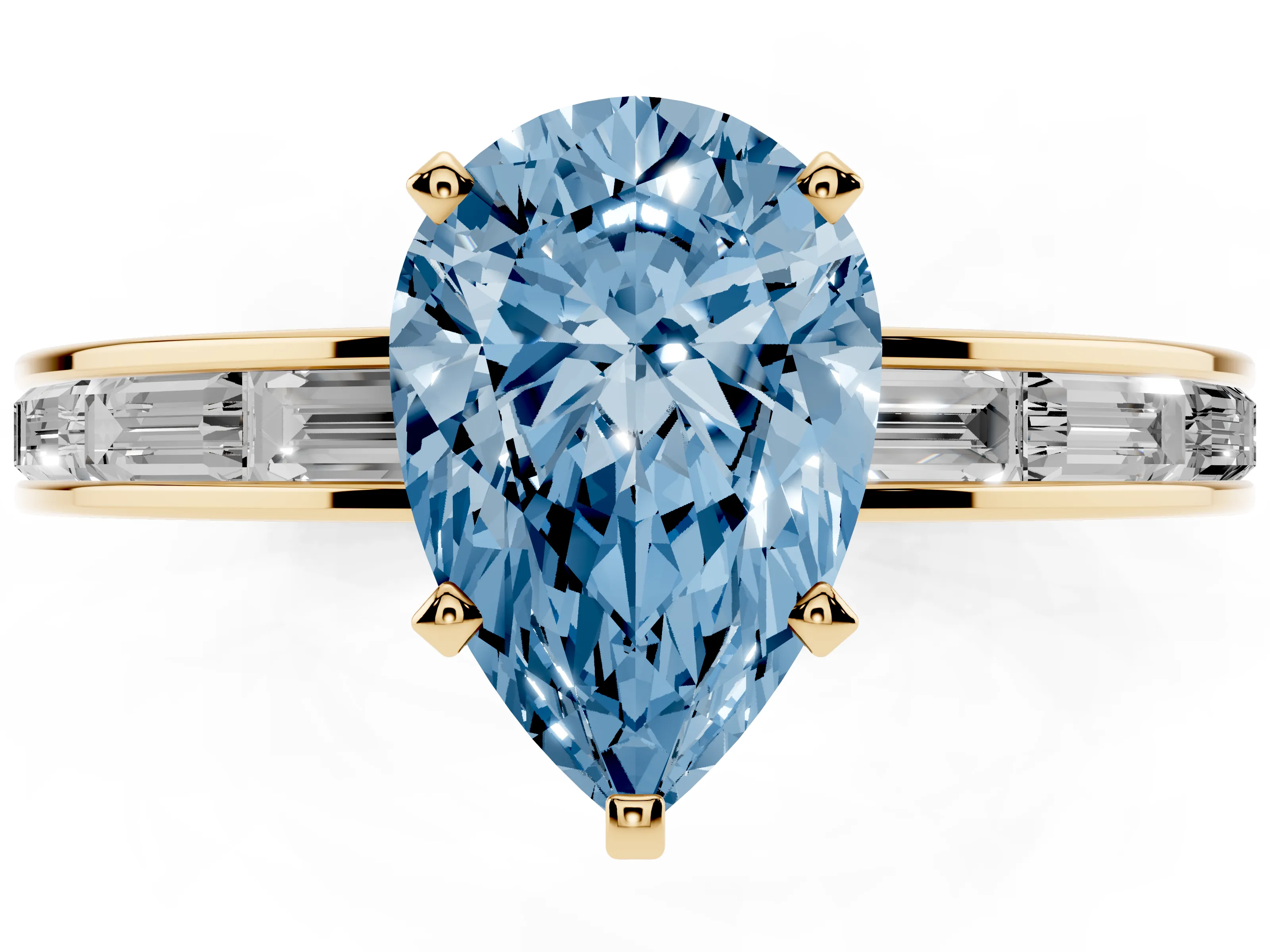 Fancy Blue Pear Cut Diamond Solitaire Ring Set in Yellow gold with Channel-Set Baguette Band and Prong Setting