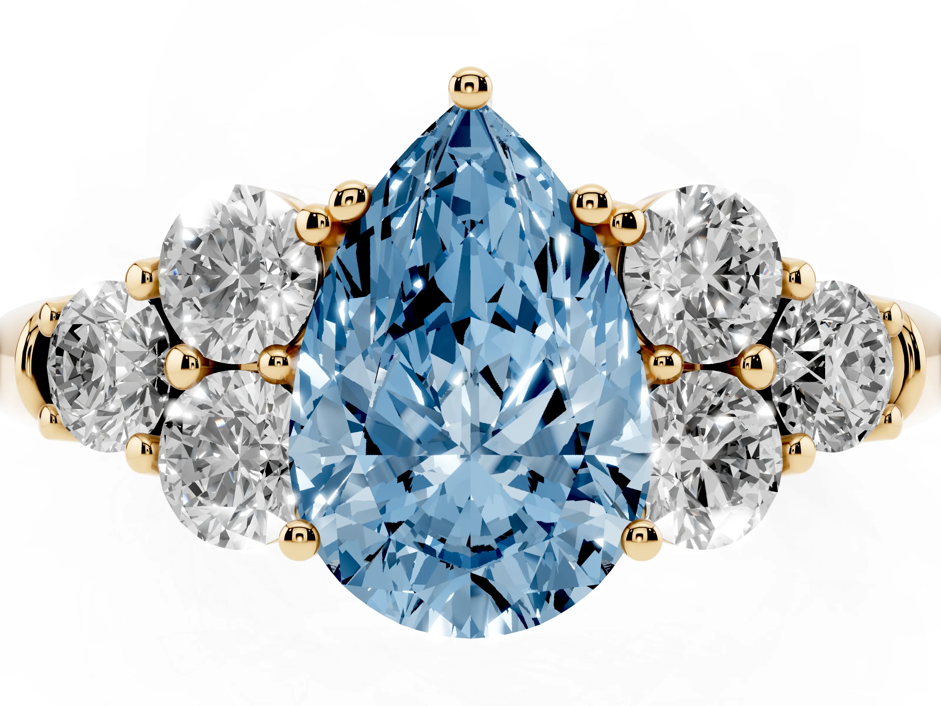 Fancy Blue Pear Cut Diamond Cluster Ring Set in Yellow gold with Round Accent Stones and Prong Setting on a Plain Band