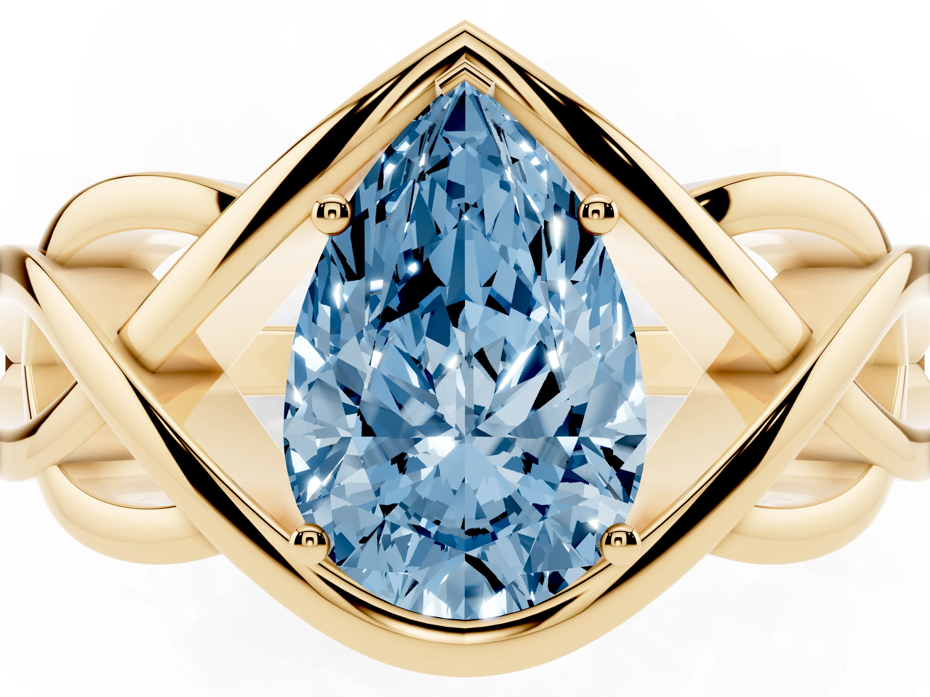 Fancy Blue Pear Cut Diamond Solitaire Ring Set in Yellow gold with Intertwined Band