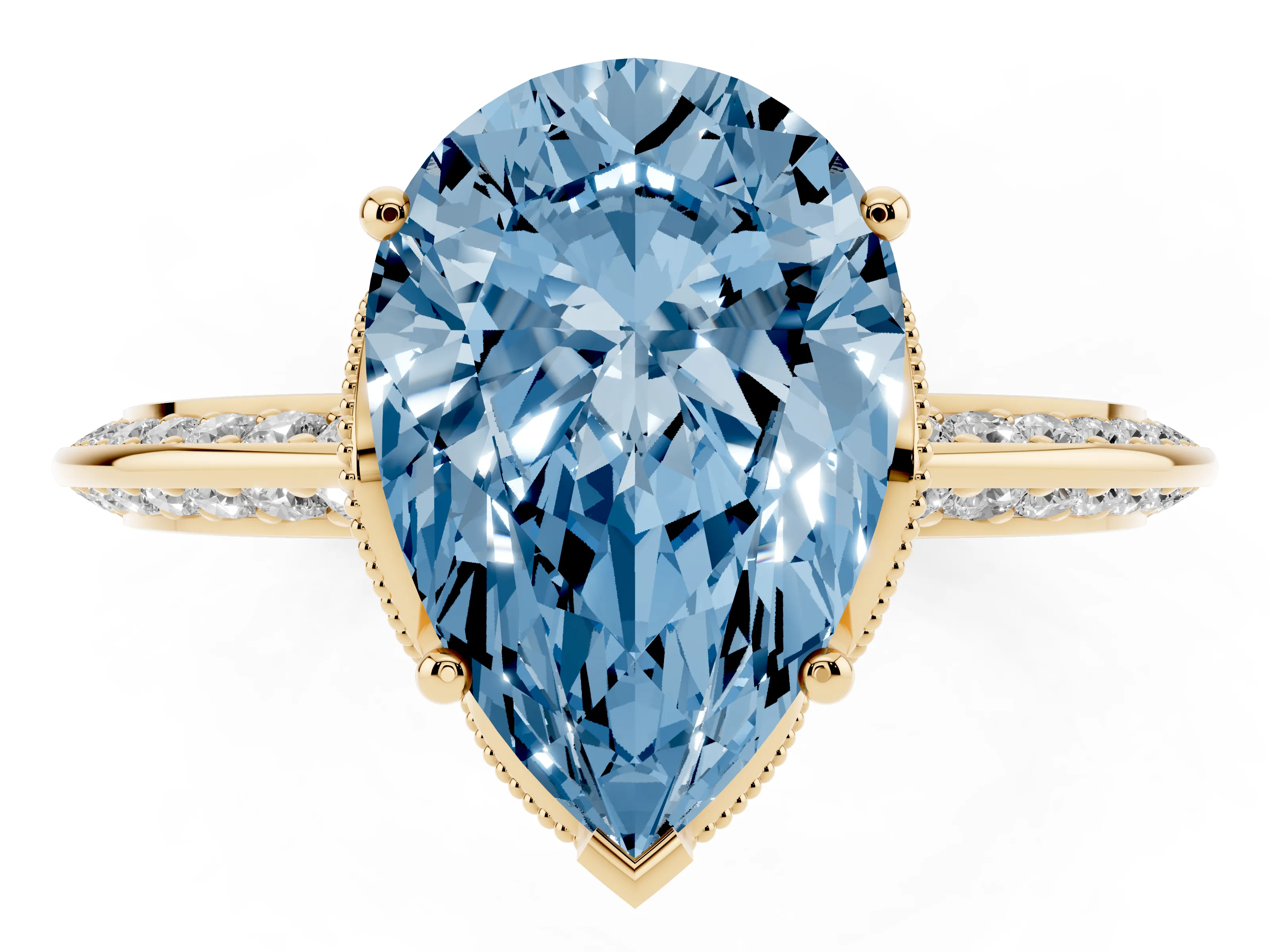 Fancy Blue Pear Cut Diamond Solitaire Engagement Ring Set in Yellow gold with Pavé Split Shank and Prong Setting