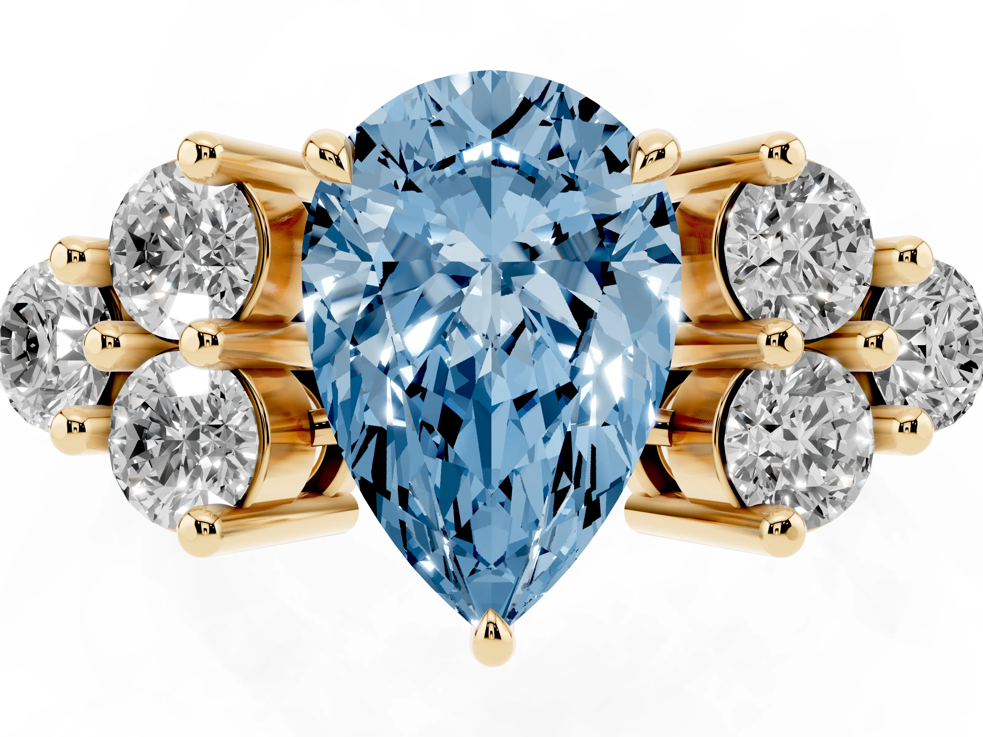 Fancy Blue Pear Cut Diamond Solitaire Ring Set in Yellow gold with Cluster Accents on Each Side
