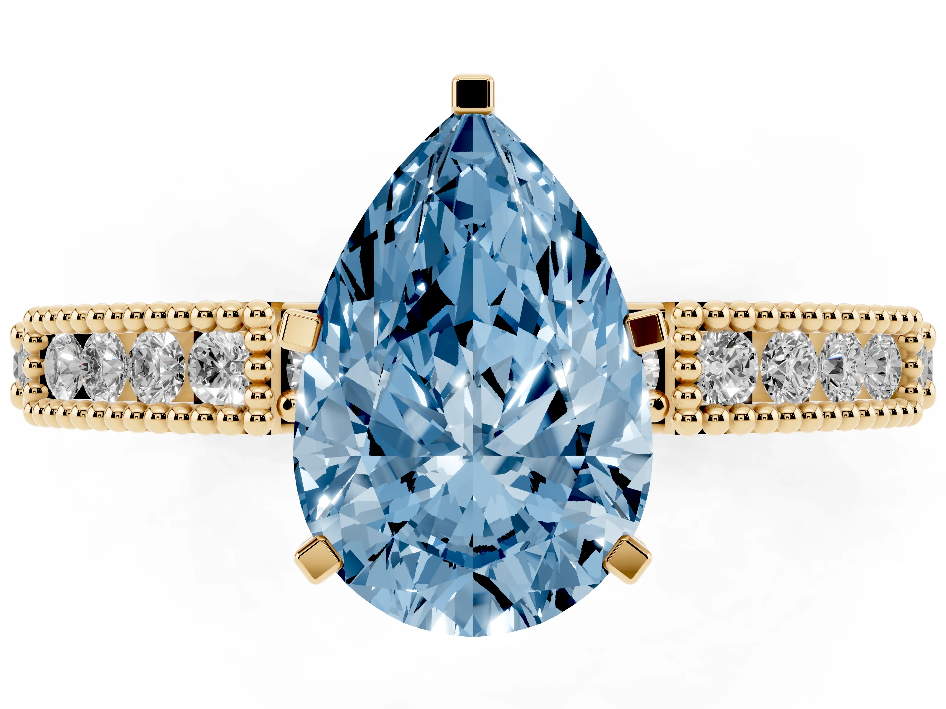 Fancy Blue Pear Cut Diamond Solitaire Ring Set in Yellow gold with Slim Pavé Band and Prong Setting