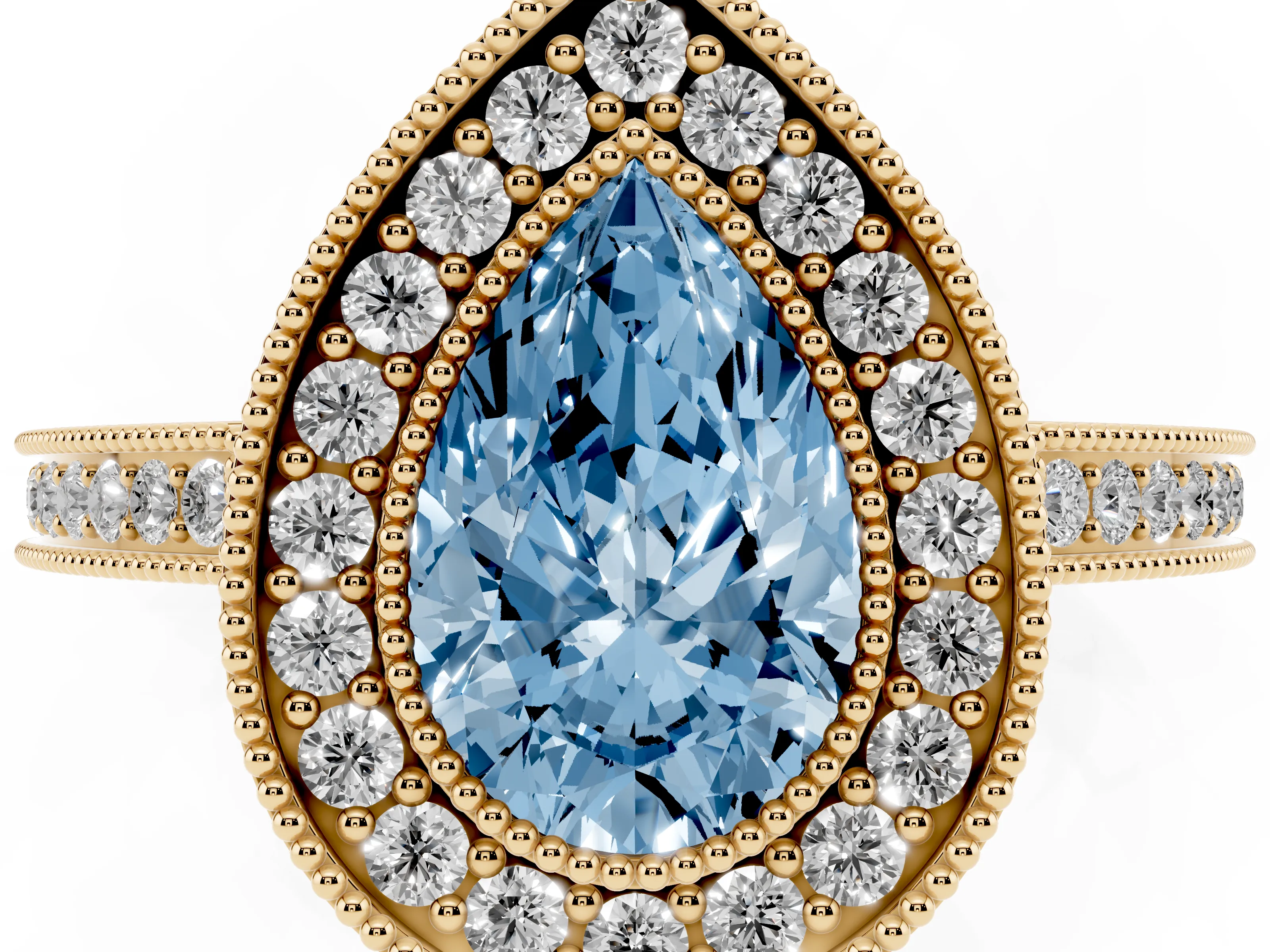 Fancy Blue Pear Cut Diamond Halo Ring Set in Yellow gold with Pavé Band and Milgrain-Edged Prongs
