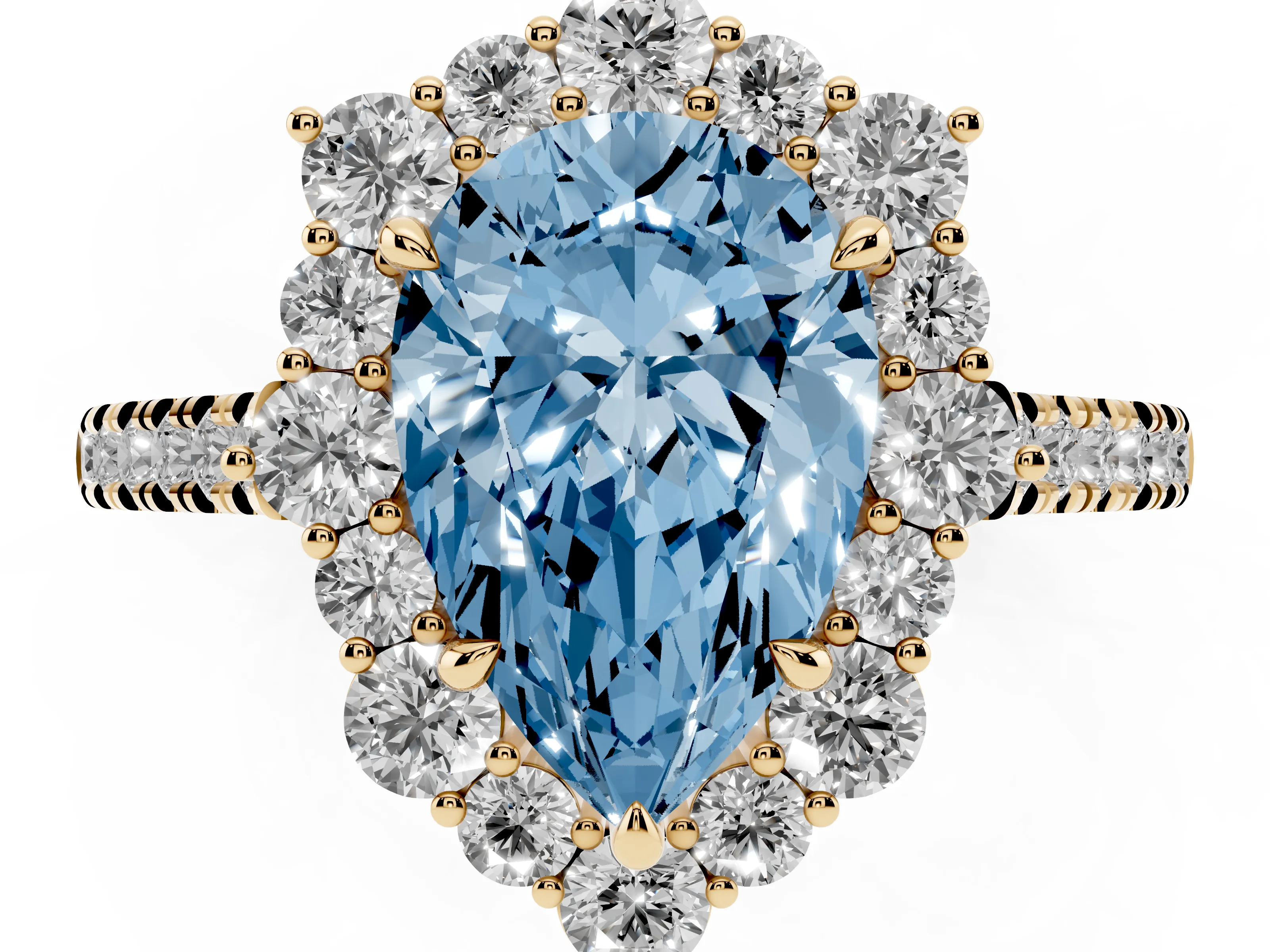 Fancy Blue Pear Cut Diamond Halo Ring Set in Yellow gold with Pavé Band and Prong Setting