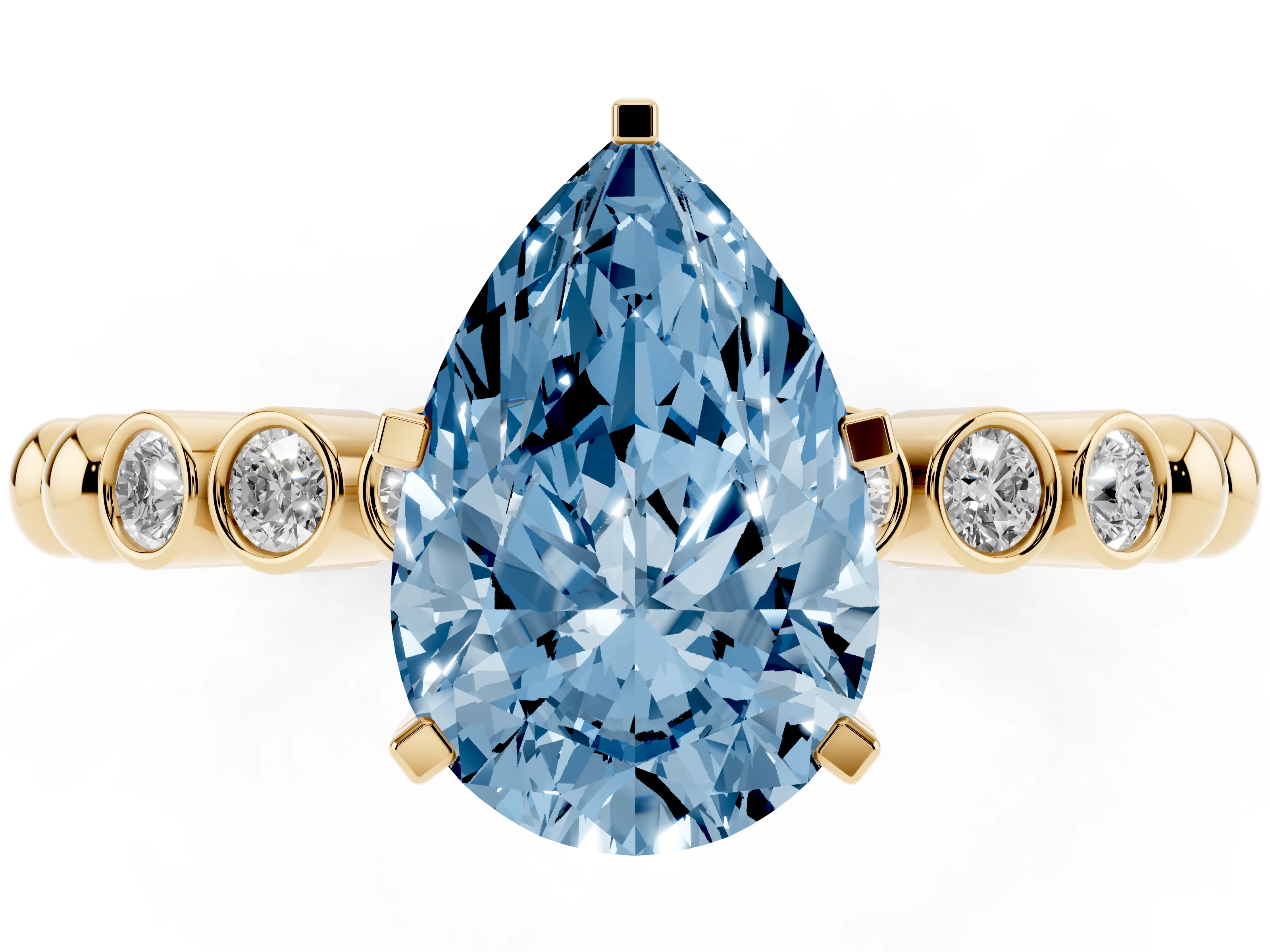 Fancy Blue Pear Cut Diamond Solitaire Engagement Ring Set in Yellow gold with Bezel Accents on Beaded Band