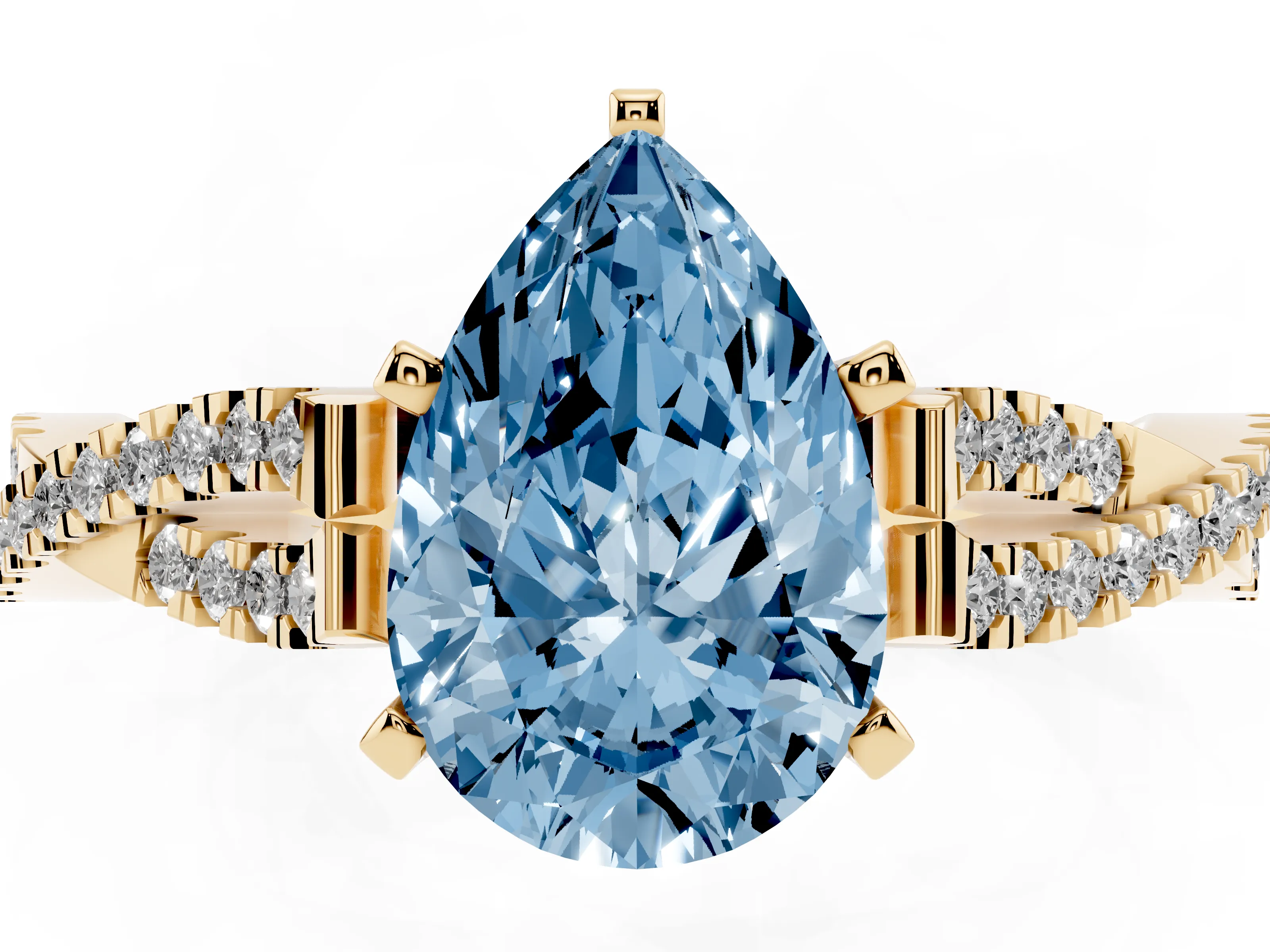 Fancy Blue Pear Cut Diamond Solitaire Engagement Ring Set in Yellow gold with Twisted Pavé Band and Prong Setting