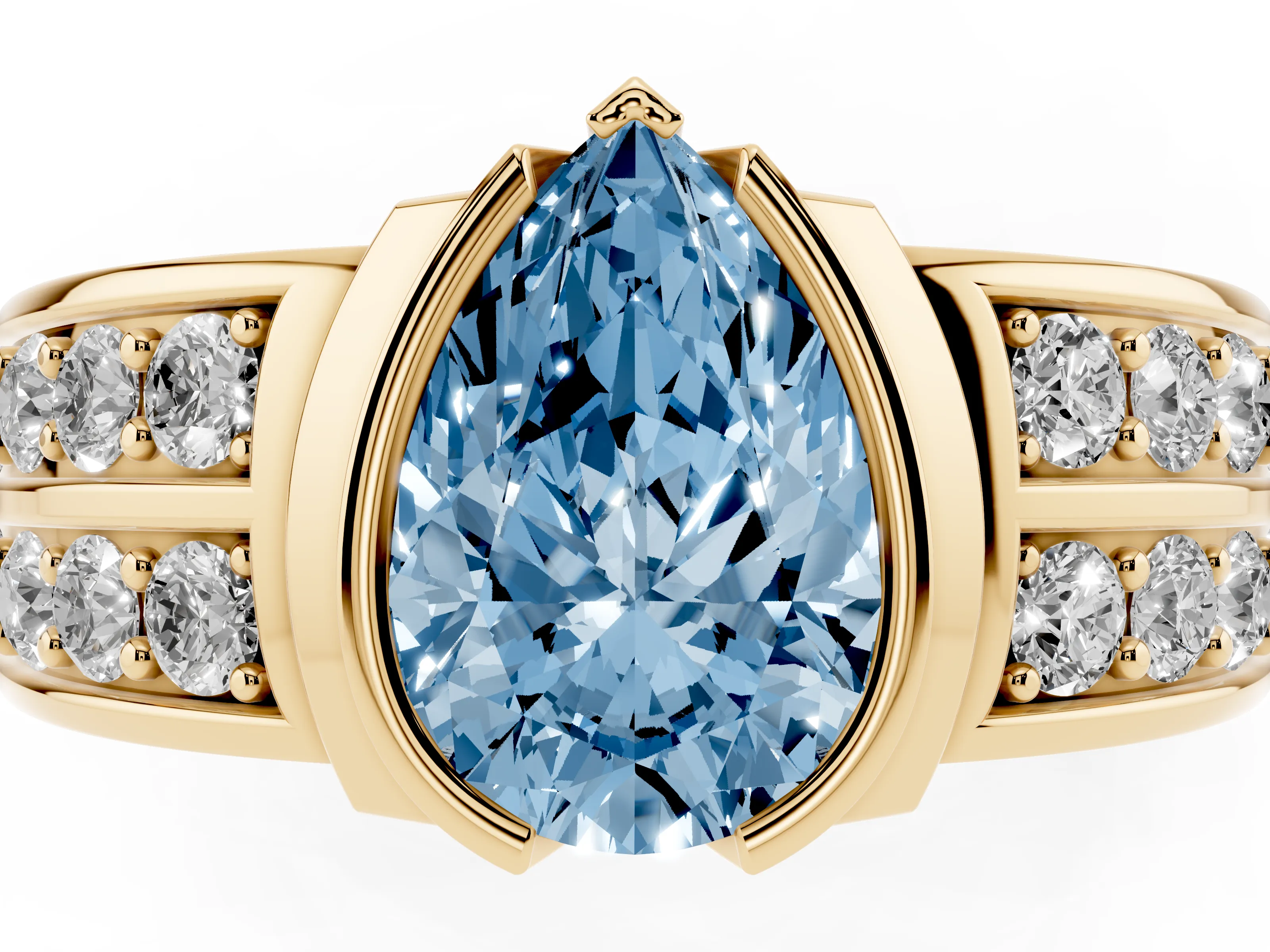 Fancy Blue Pear Cut Diamond Wide Channel Set Band Ring Set in Yellow gold with Bezel Setting