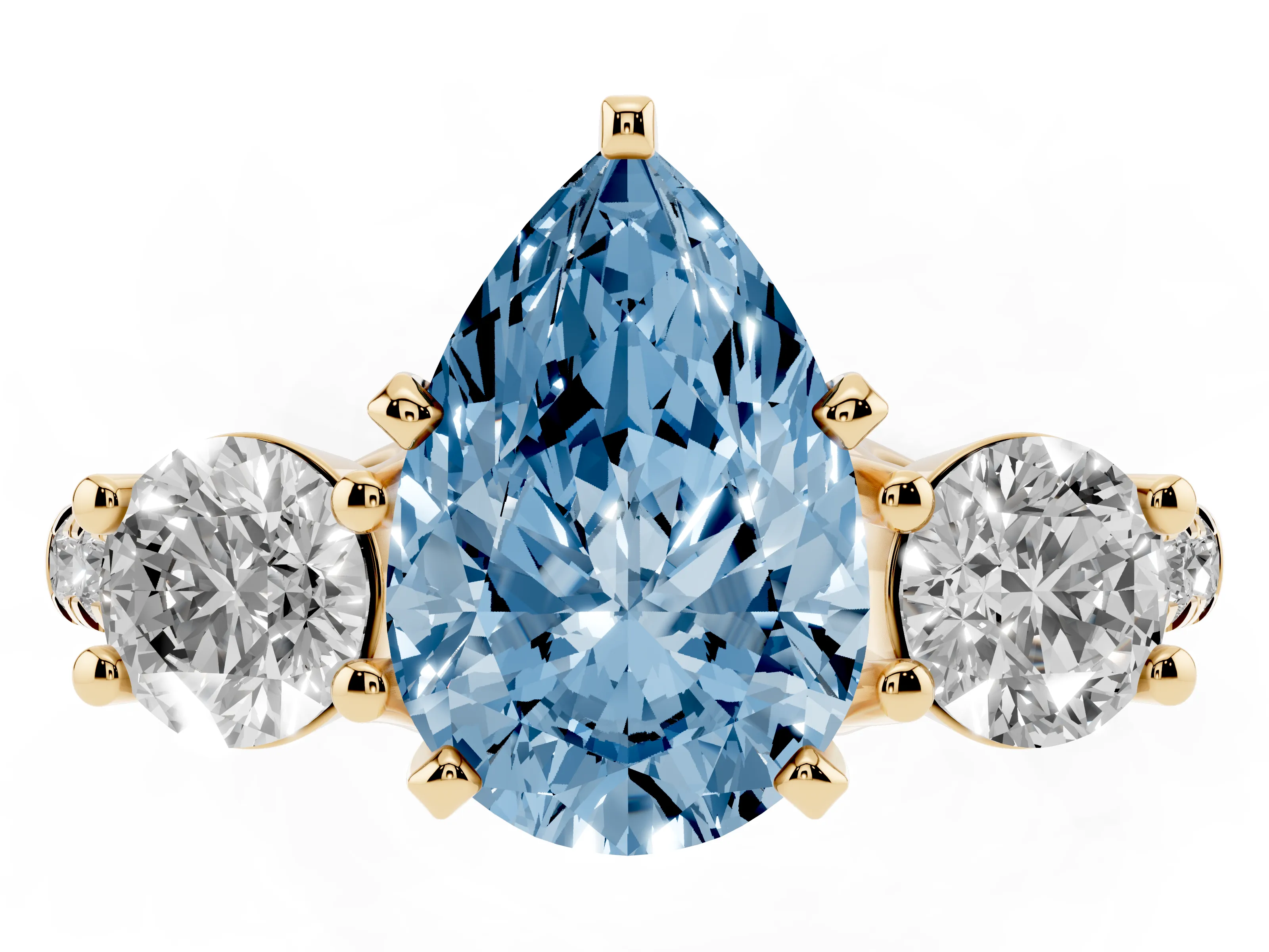 Fancy Blue Three-Stone Pear Cut Diamond Pavé Band Ring Set in Yellow gold with Prong-Set Trio