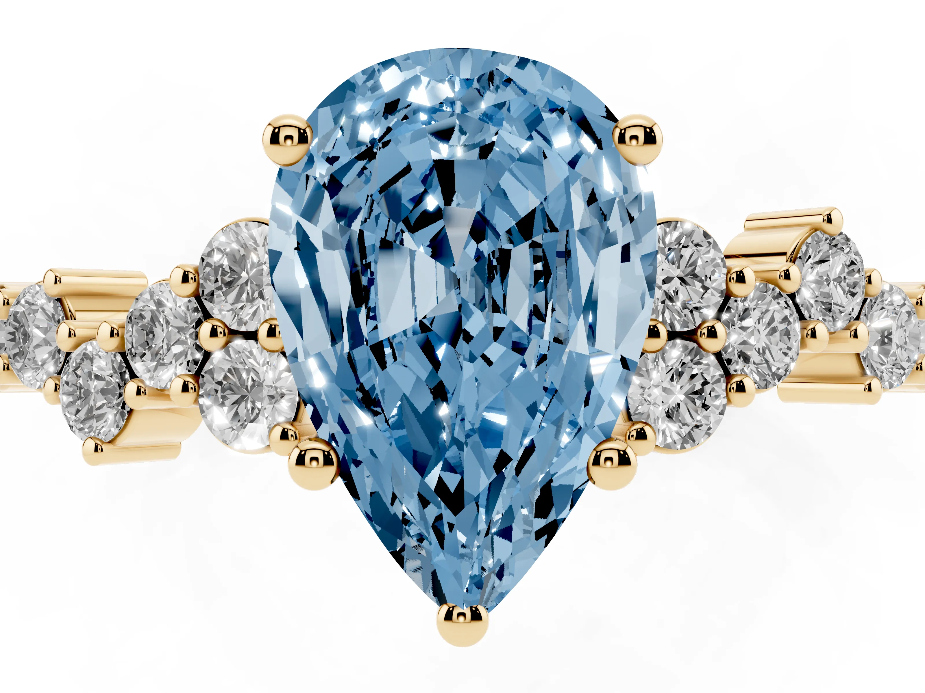 Fancy Blue Pear Cut Diamond Ring Set in Yellow gold with Scattered Round Accents