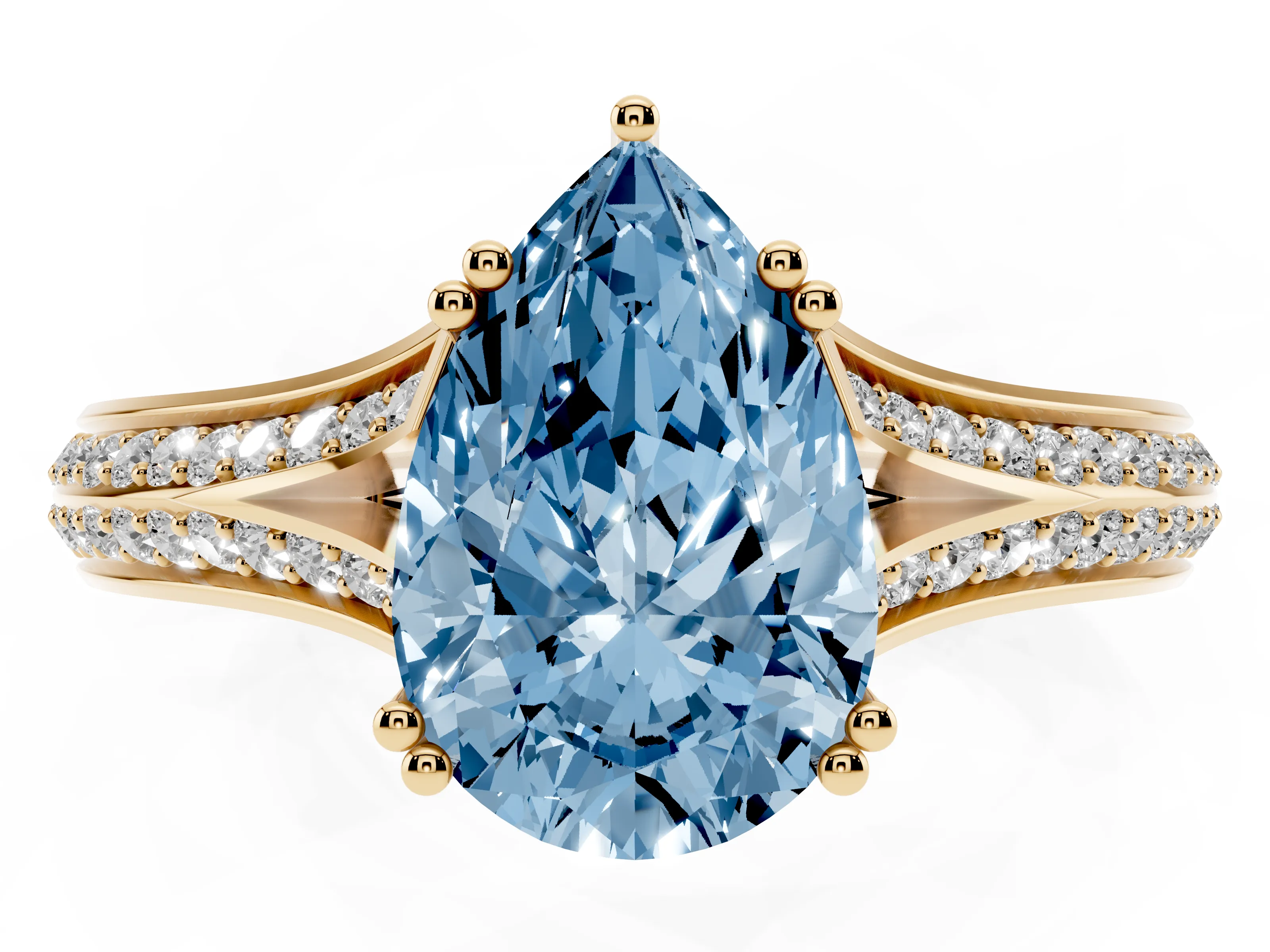Fancy Blue Pear Cut Diamond Split Shank Pavé Engagement Ring Set in Yellow gold with Prong-Set Center Stone