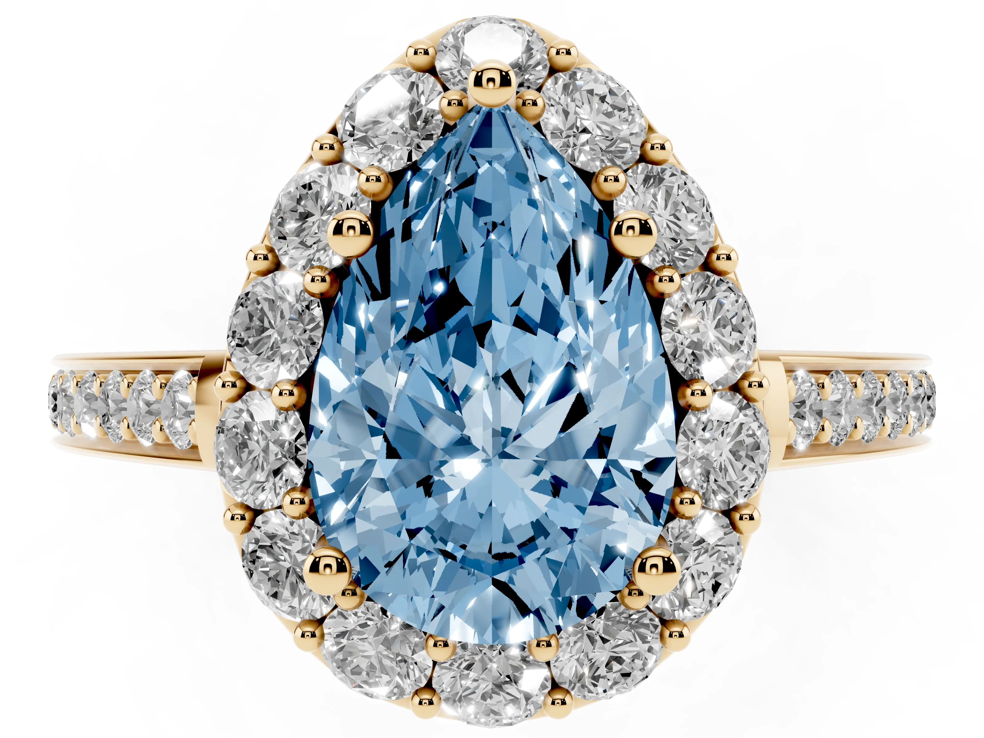 Fancy Blue Pear Cut Diamond Floral Halo Ring Set in Yellow gold with Pavé Band and Prong Setting