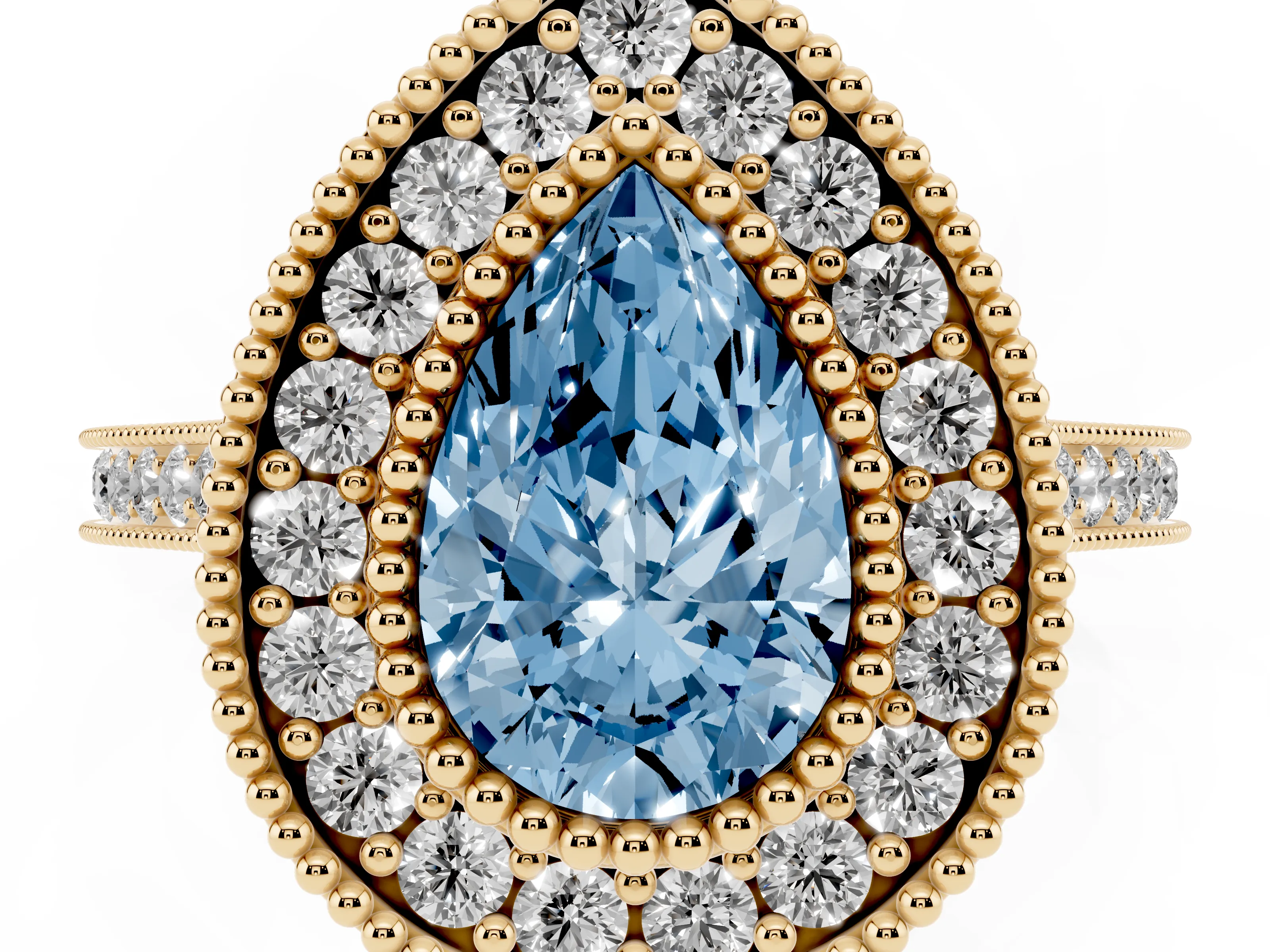 Fancy Blue Pear Cut Diamond Halo Ring Set in Yellow gold with Milgrain Frame and Pavé Band