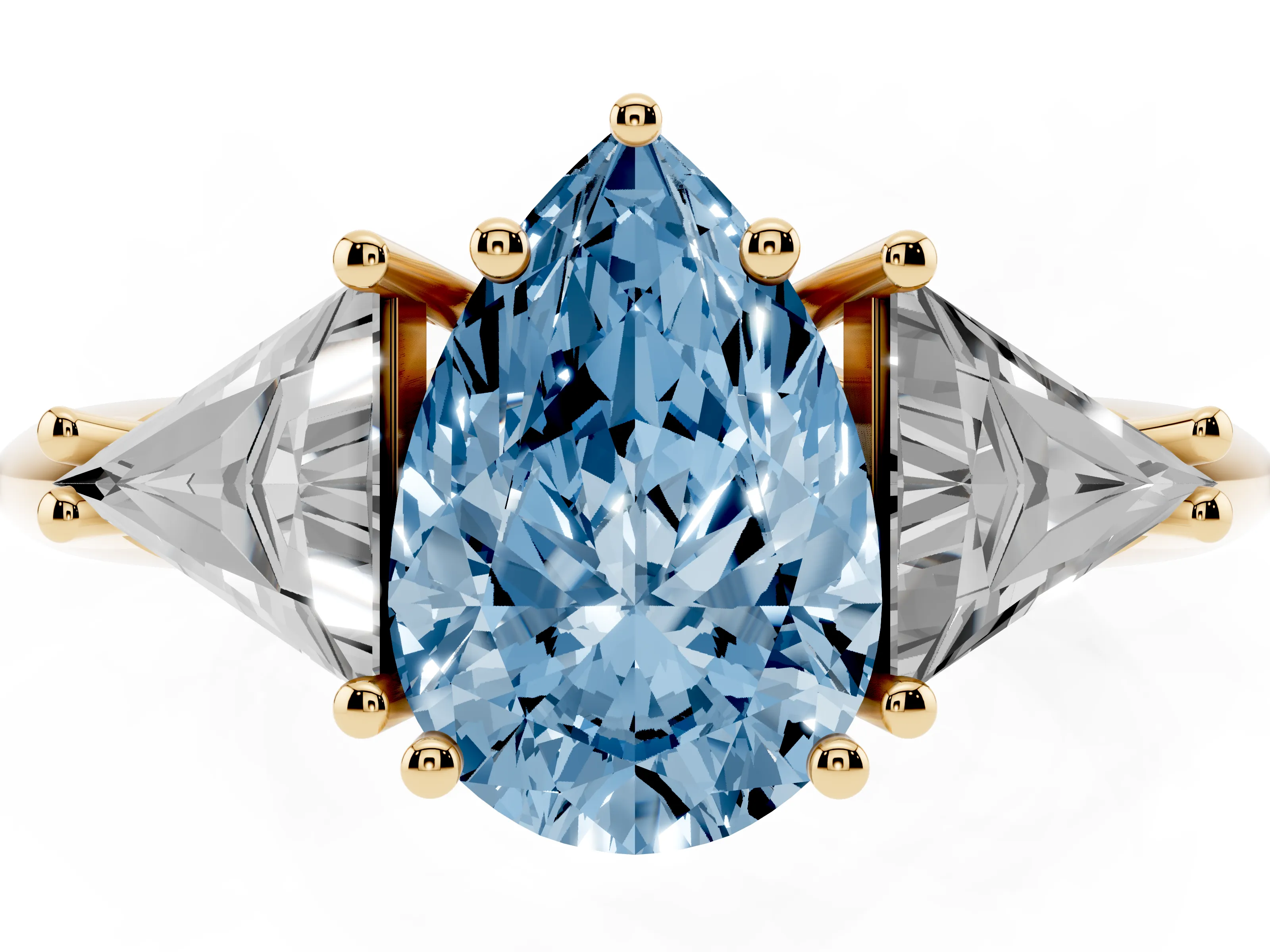Fancy Blue Pear Cut Diamond Three-Stone Engagement Ring Set in Yellow gold with Trillion Side Stones