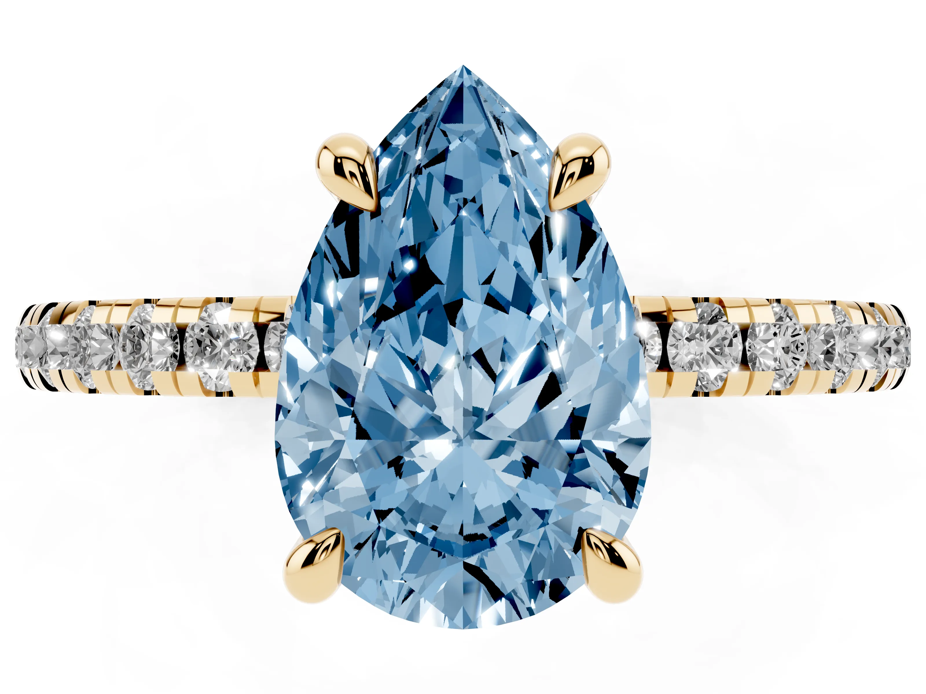 Fancy Blue Pear Cut Diamond Brilliant Solitaire Ring Set in Yellow gold with Pavé Band and Prong Setting