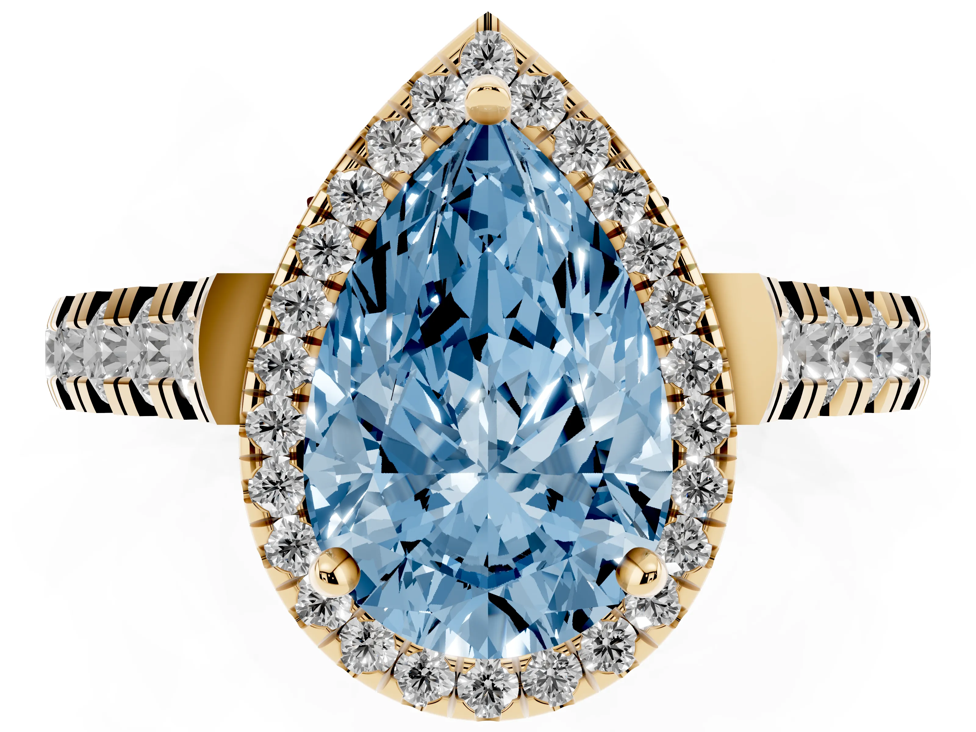 Fancy Blue Pear Cut Diamond Halo Engagement Ring Set in Yellow gold with Pavé Band and Prong-Set Center