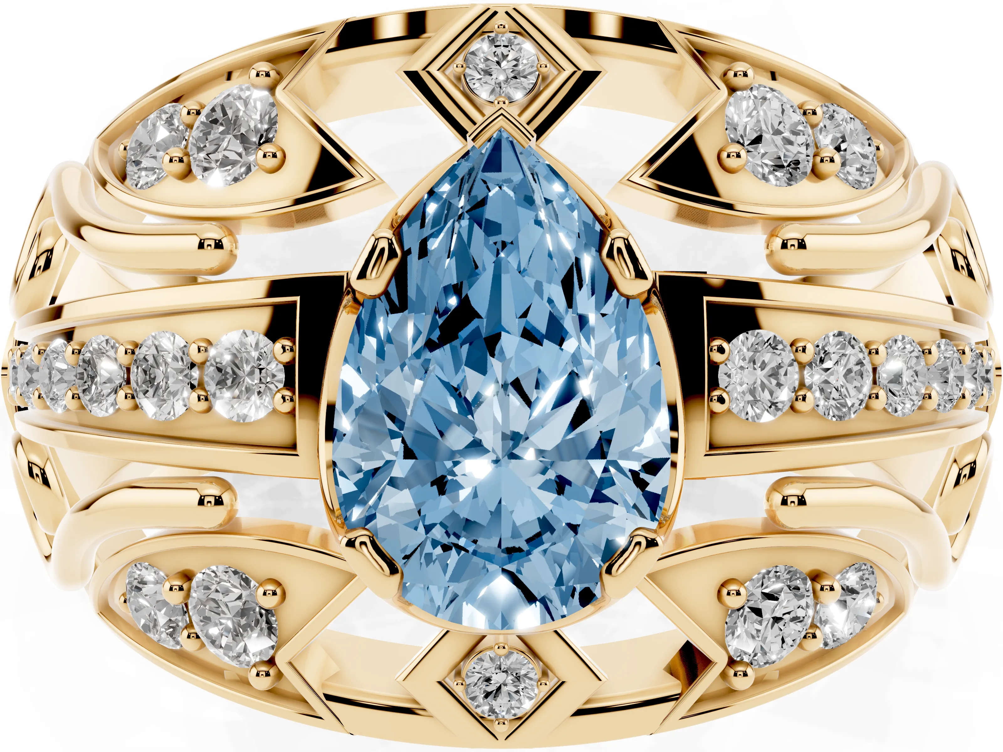 Fancy Blue Pear Cut Diamond Art Deco Ring Set in Yellow gold with Pavé Split Shank