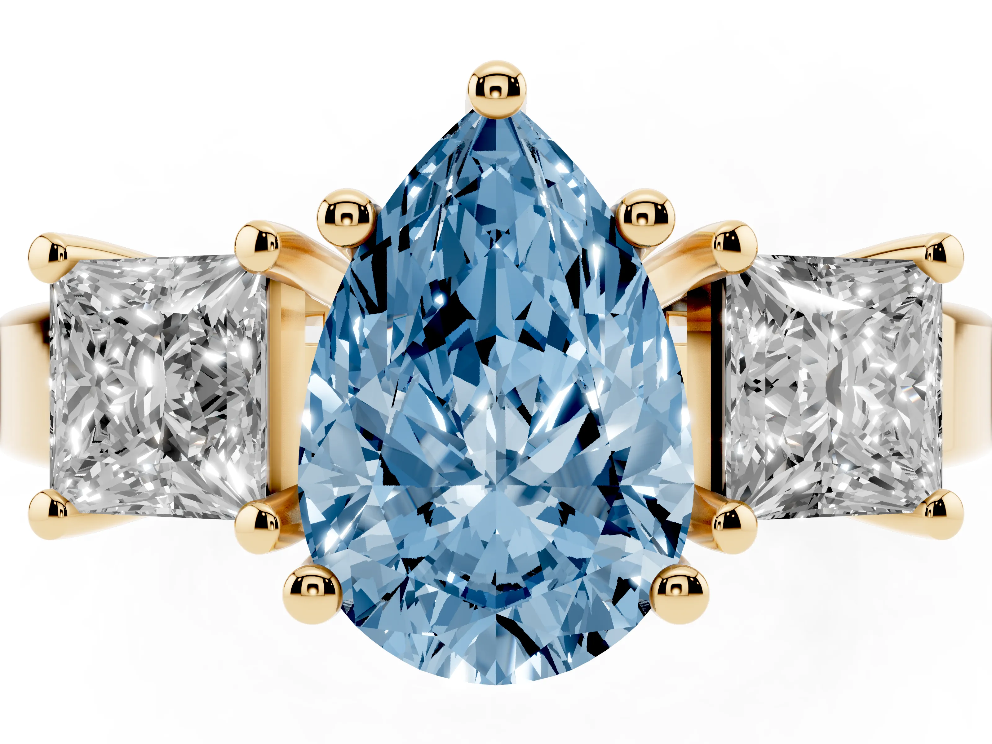 Fancy Blue Three-Stone Pear Cut Diamond Solitaire Ring Set in Yellow gold with Prong Setting