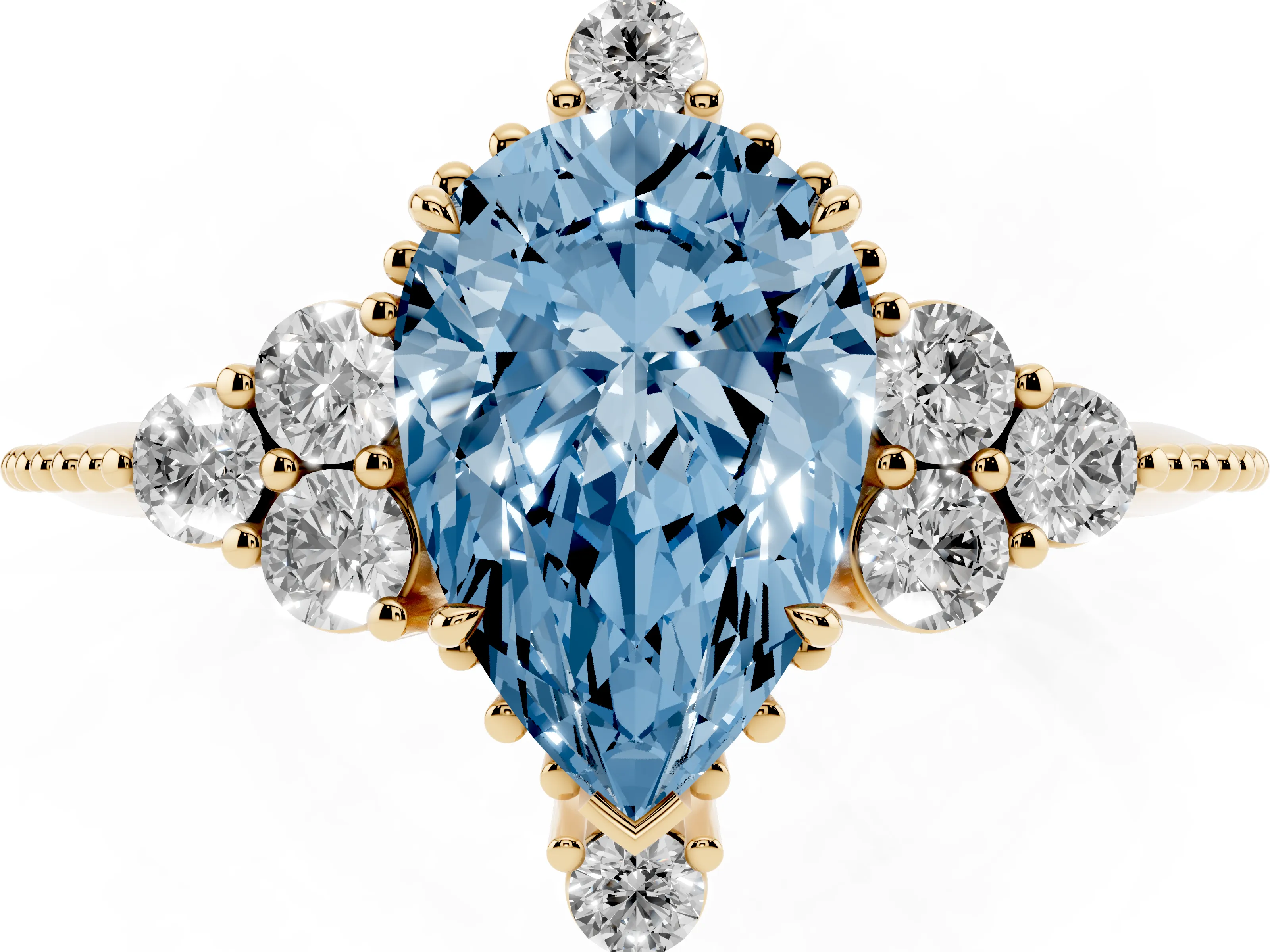 Fancy Blue Pear Cut Diamond Cluster Ring Set in Yellow gold with Beaded Band