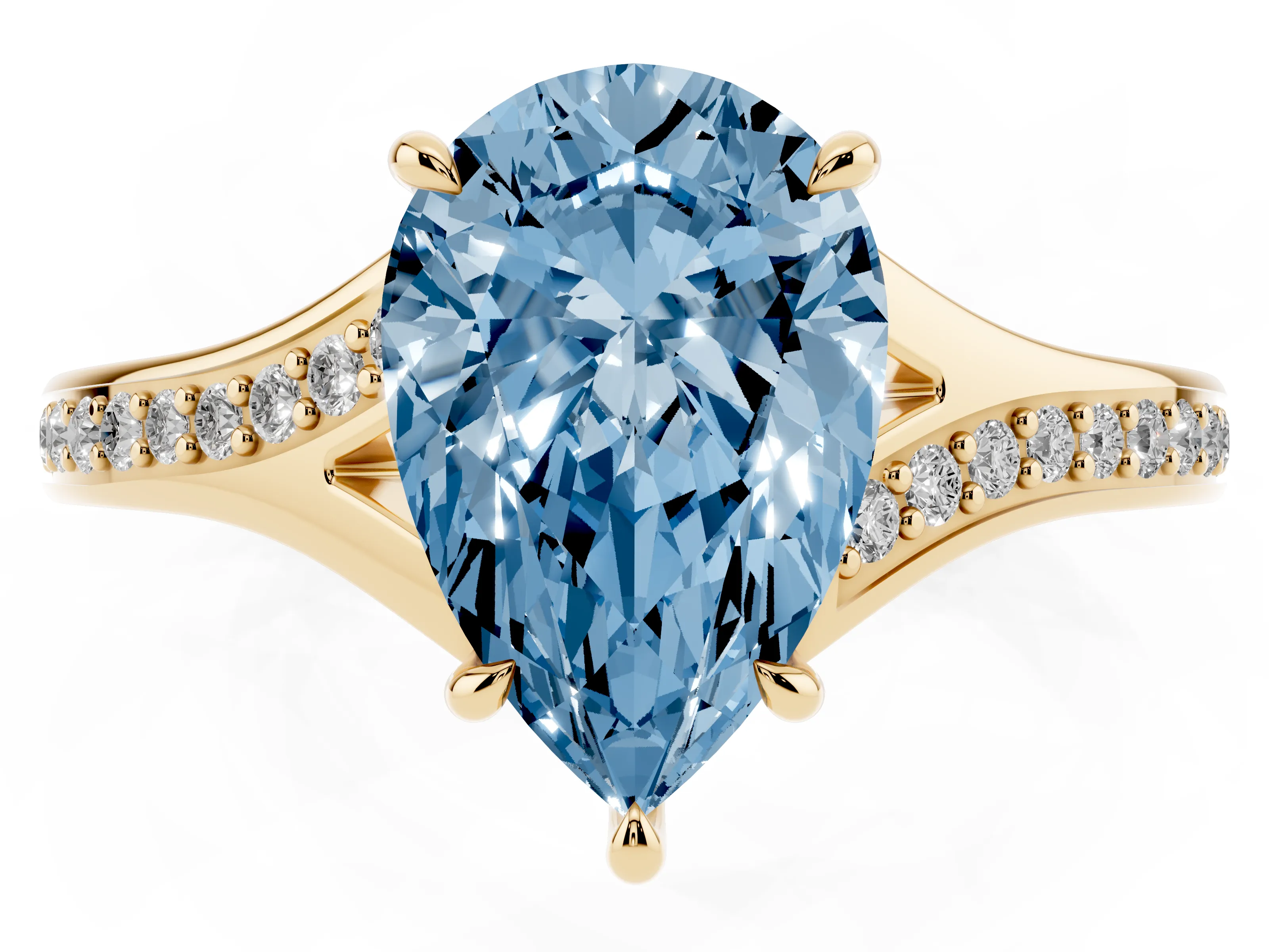 Fancy Blue Pear Cut Diamond Solitaire Ring Set in Yellow gold with Pavé Accent Band and Classic Prong Setting