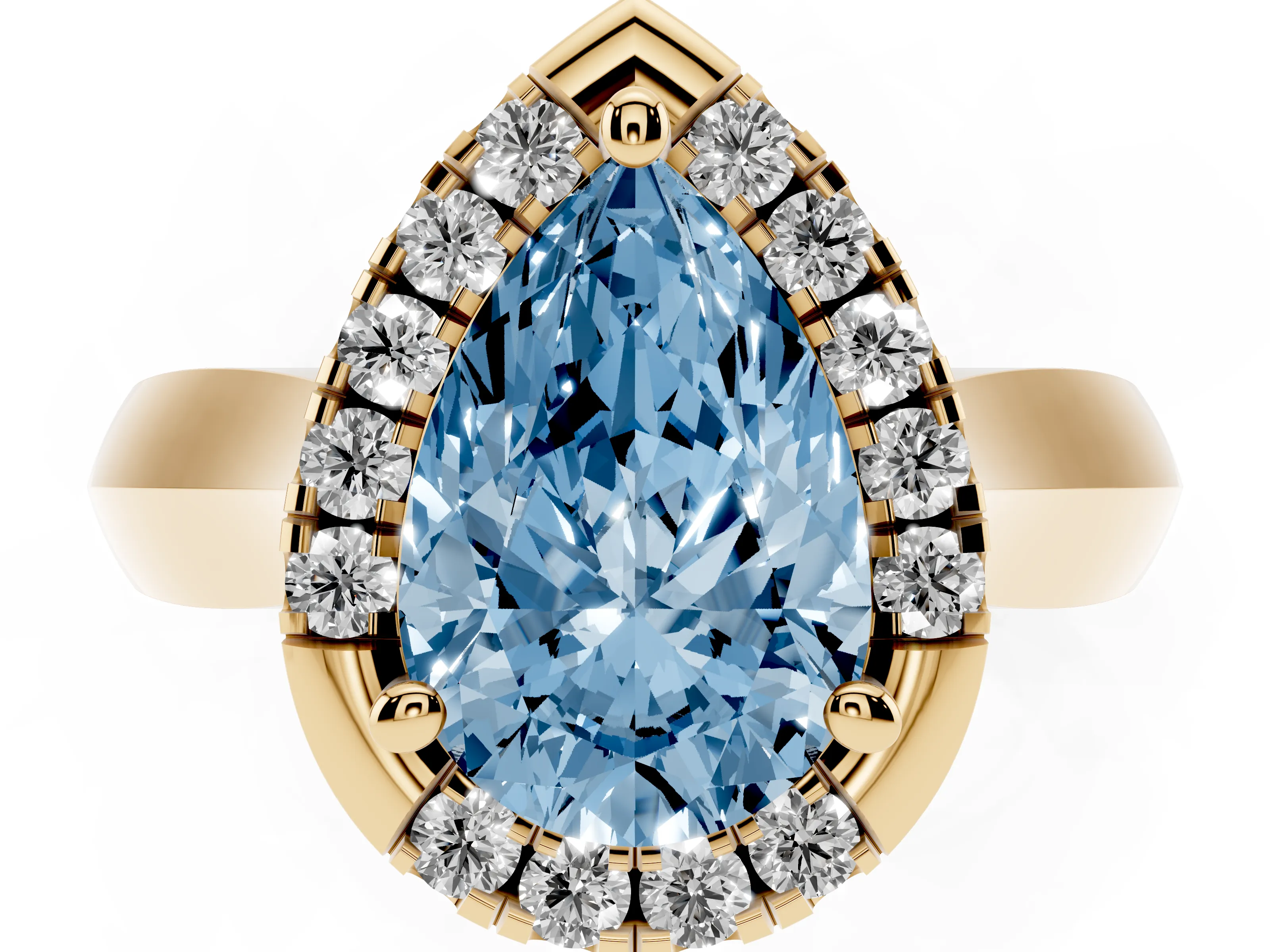 Fancy Blue Pear Cut Diamond Halo Solitaire Engagement Ring Set in Yellow gold with Square Band and Prong Setting