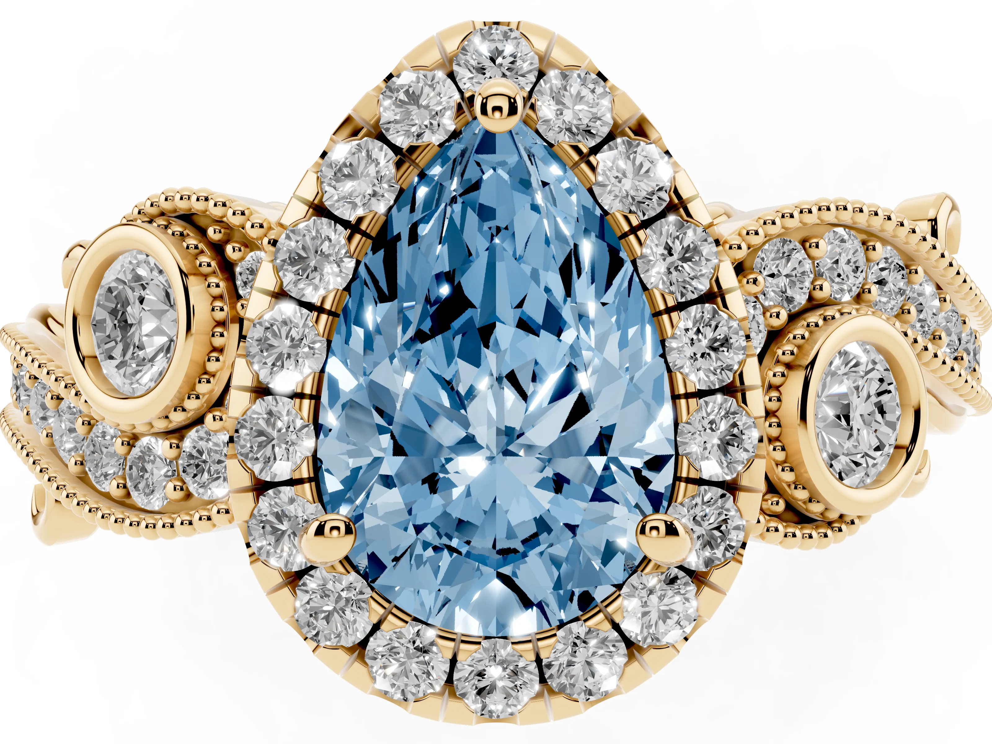 Fancy Blue Pear Cut Diamond Halo Ring Set in Yellow gold with Milgrain Pavé Band and Prong Setting
