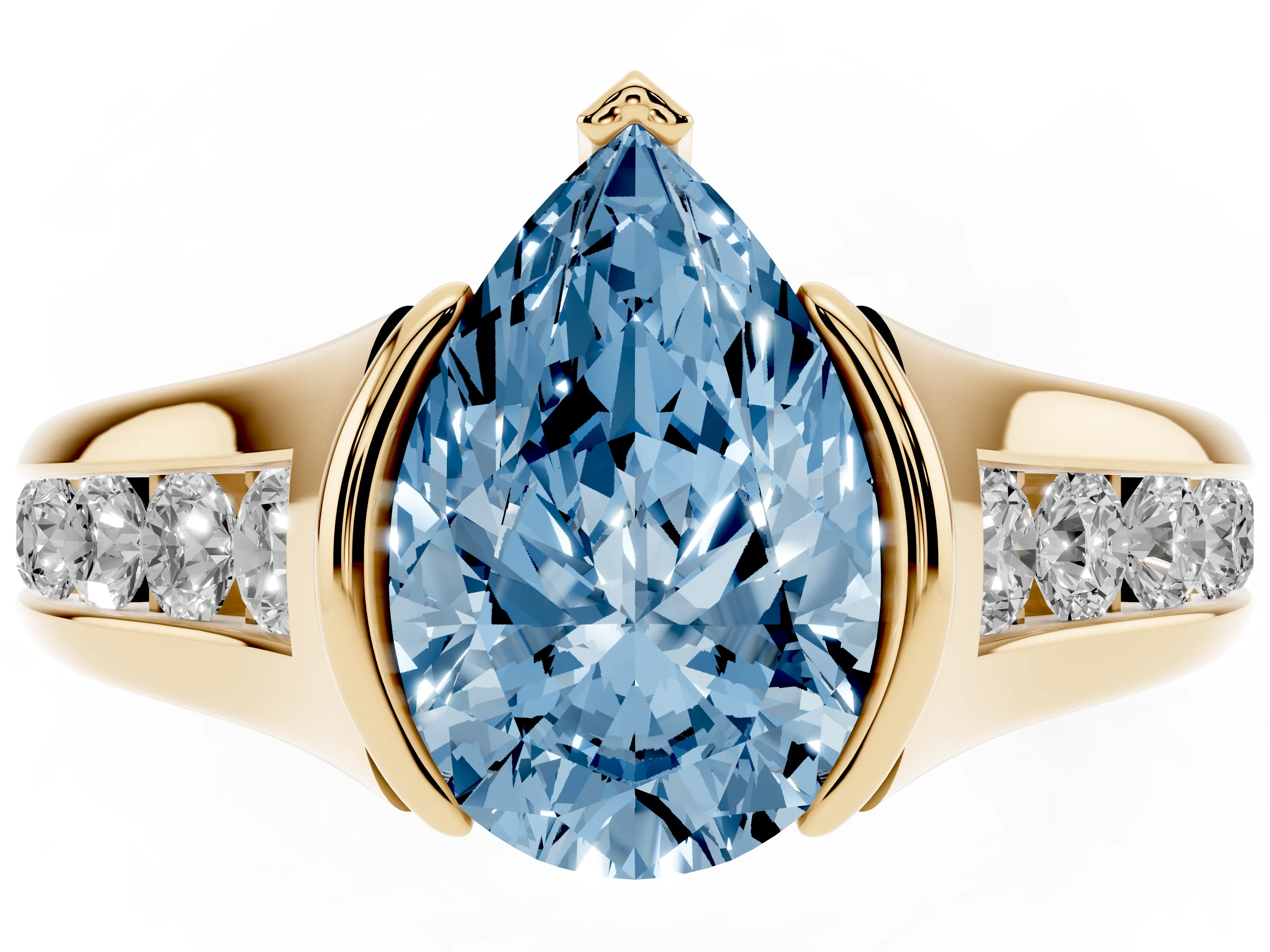 Fancy Blue Pear Cut Diamond Bezel-Set Solitaire Ring Set in Yellow gold with Channel-Set Band