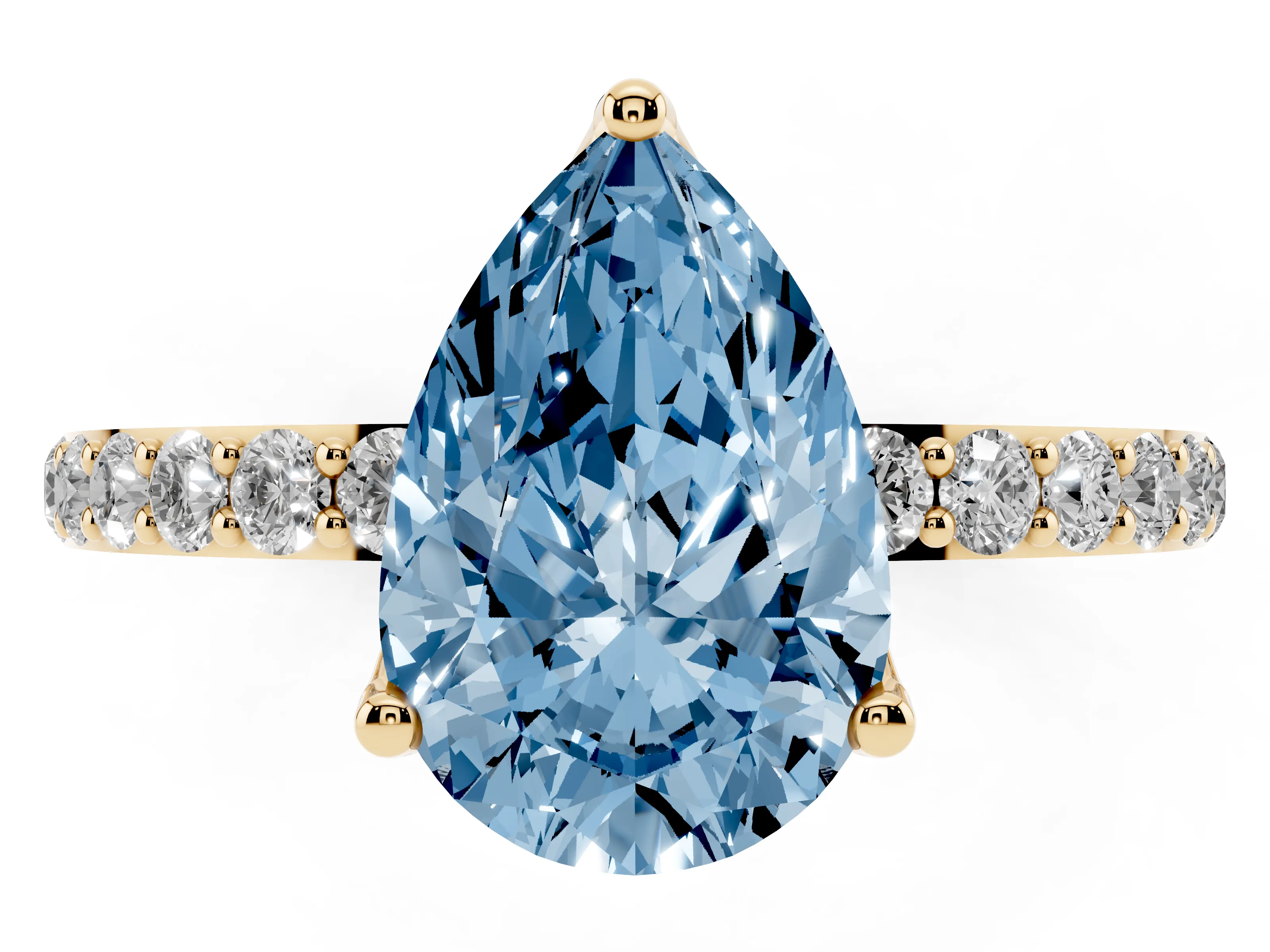 Fancy Blue Pear Cut Diamond Solitaire Engagement Ring Set in Yellow gold with Round Pavé Band and Prong Setting
