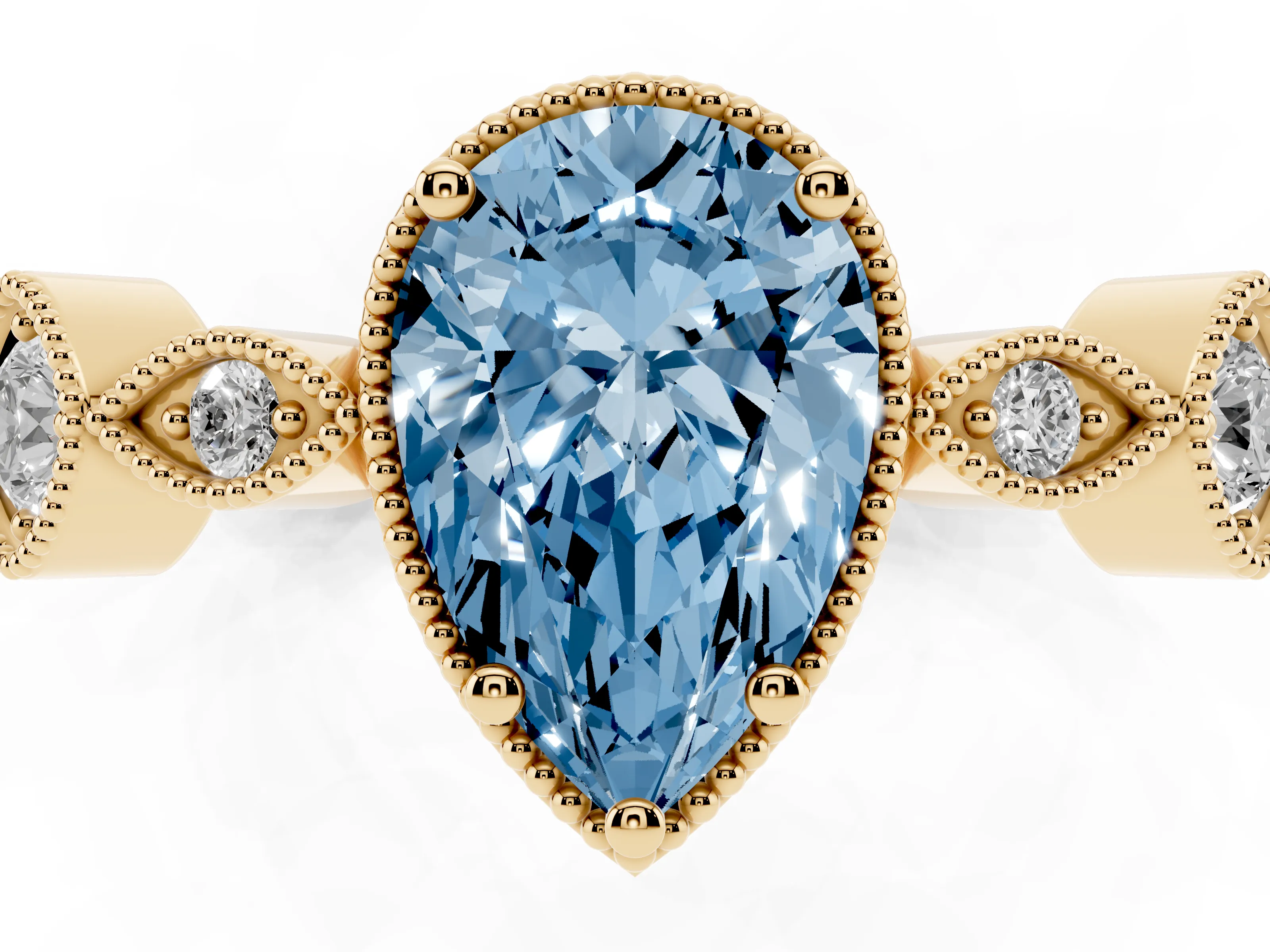 Fancy Blue Pear Cut Diamond Vintage-Inspired Milgrain Ring Set in Yellow gold with Marquise Stations of Round Accents