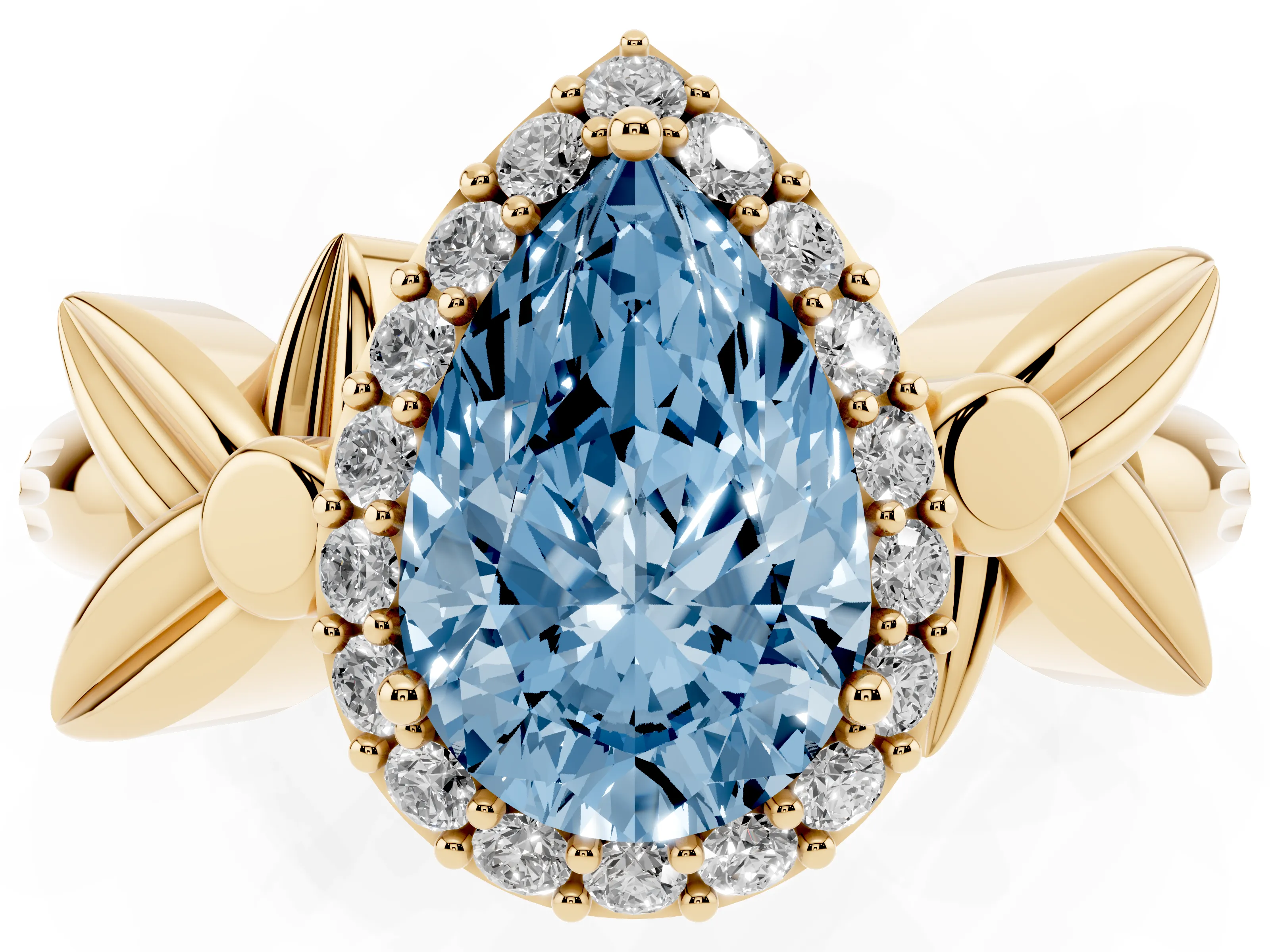Fancy Blue Pear Cut Diamond Halo Floral Band Ring Set in Yellow gold with Prong Setting