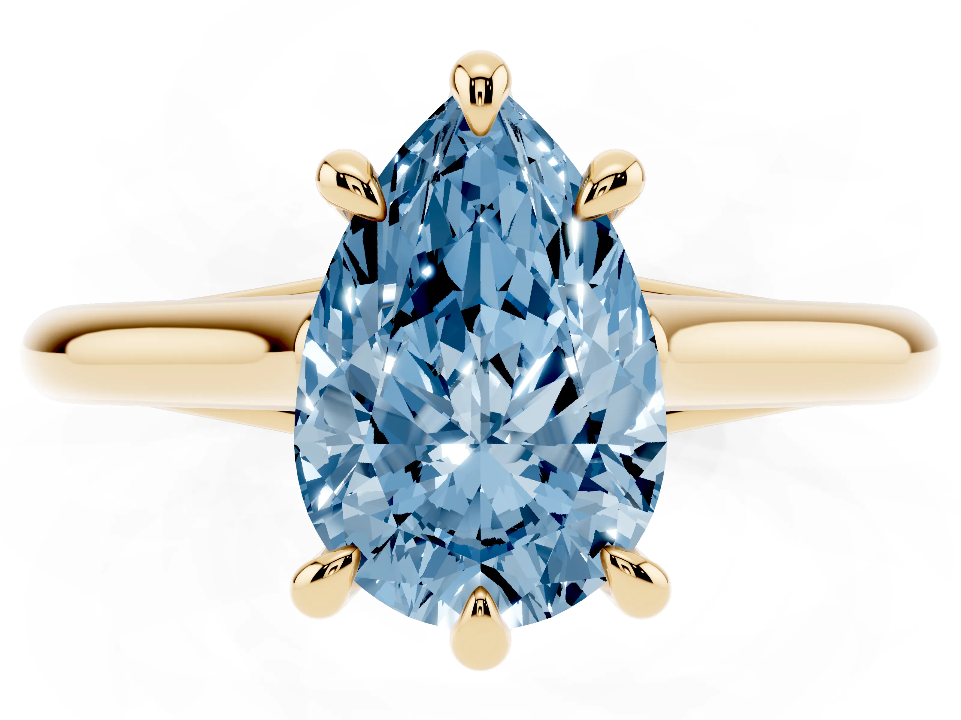 Fancy Blue Pear Cut Diamond Solitaire Engagement Ring Set in Yellow gold with Prong Setting and Plain Classic Band