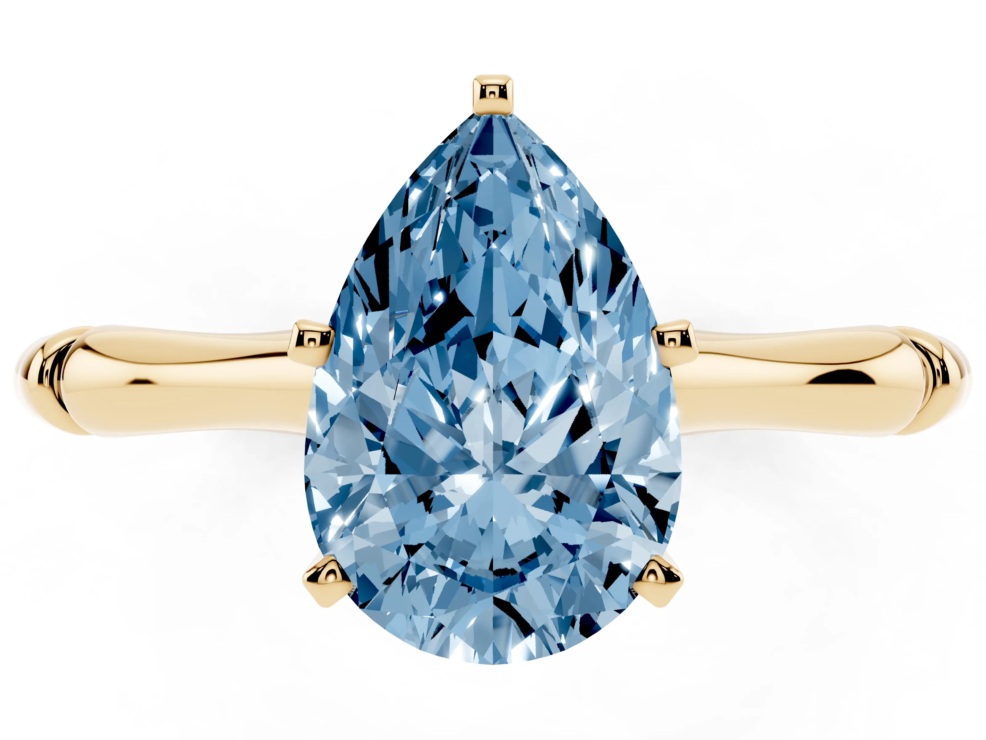 Fancy Blue Pear Cut Diamond Solitaire Ring Set in Yellow gold with Bamboo Band and Prong Setting