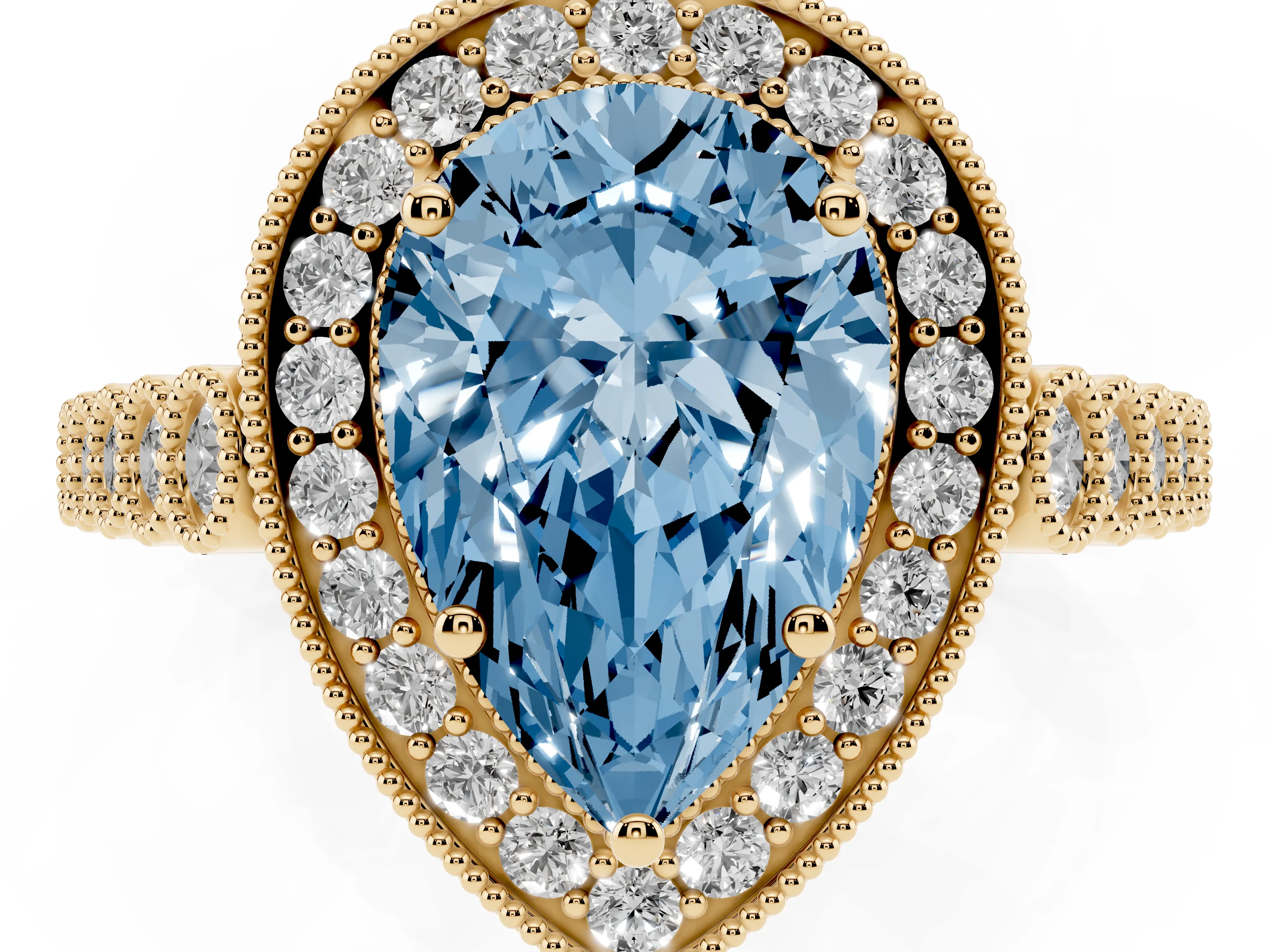 Fancy Blue Pear Cut Diamond Milgrain Halo Solitaire Ring Set in Yellow gold with Bezel Set Side Stones and Pavé Band